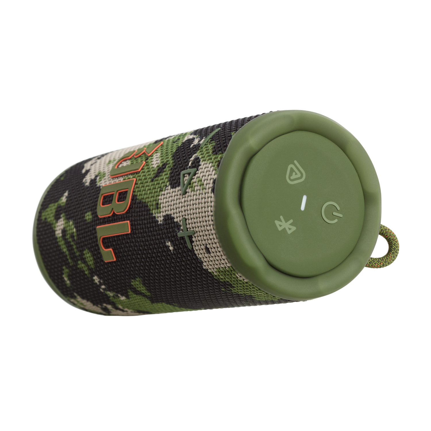 A JBL speaker with a camouflage pattern. It has green accents, control buttons, and a lanyard loop on a black background.