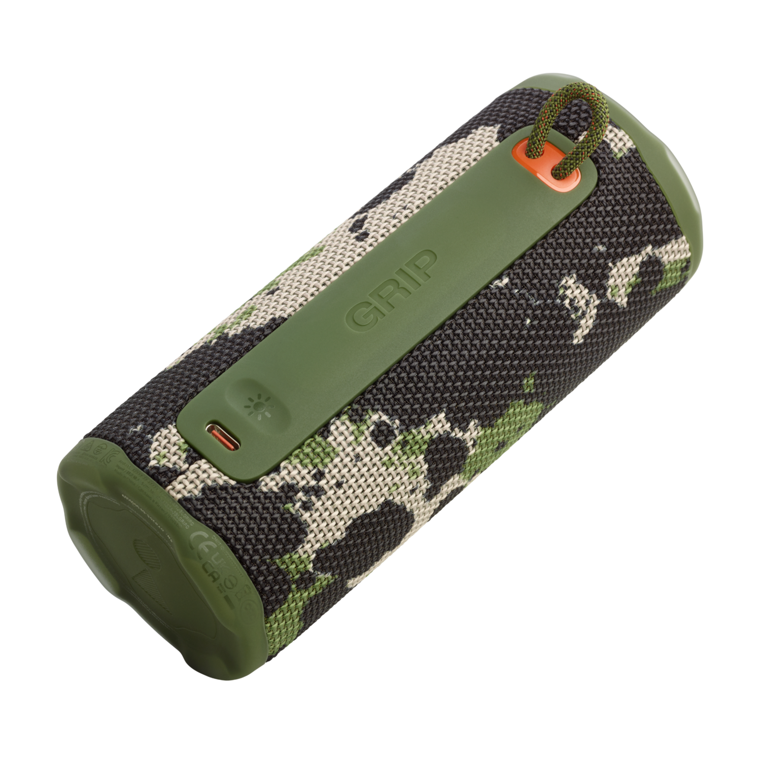 Camouflage-patterned speaker on a black background. It has a green handle and a rubber grip. The word 'GRIP' is visible.