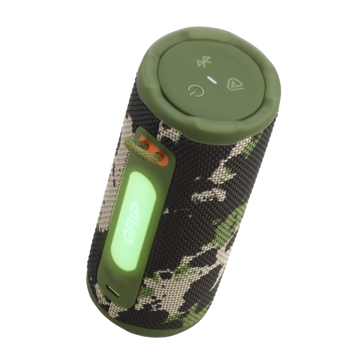 A camouflage-patterned speaker with a green top and handle, labeled 'GRIP'. It has a green power button and a bluetooth symbol.