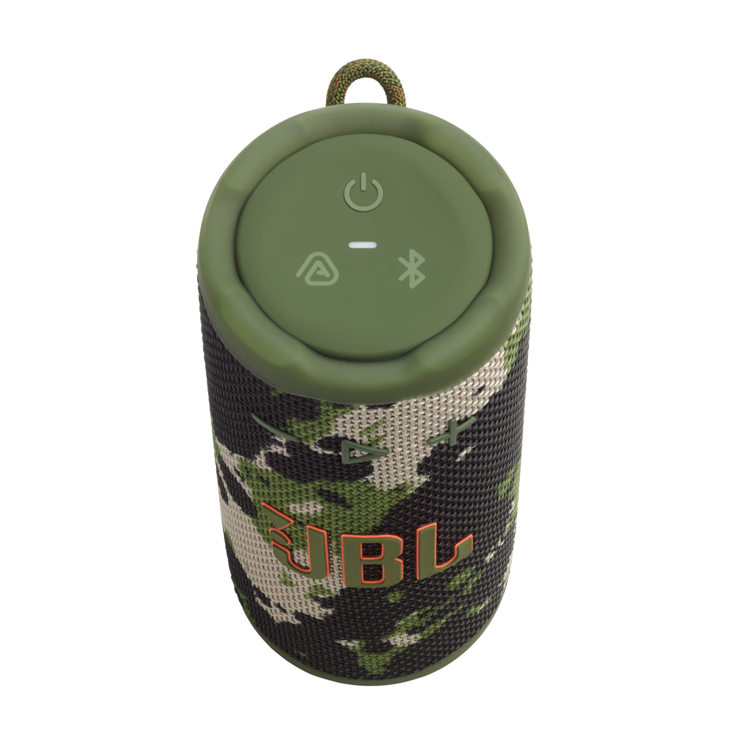 A JBL portable speaker in camouflage design. It has green and black colors. The top has power and Bluetooth symbols. The JBL logo is visible.
