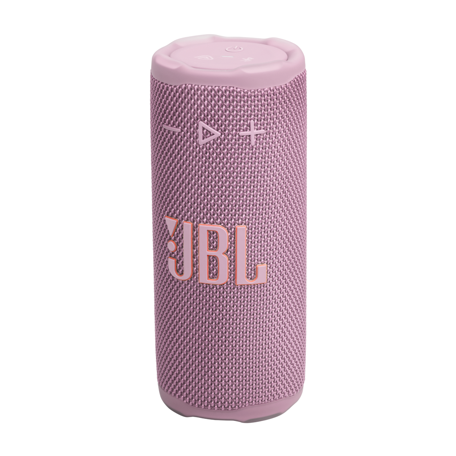 A pink JBL speaker stands vertically against a black background. It has the JBL logo in orange. Buttons and a mesh texture are visible.