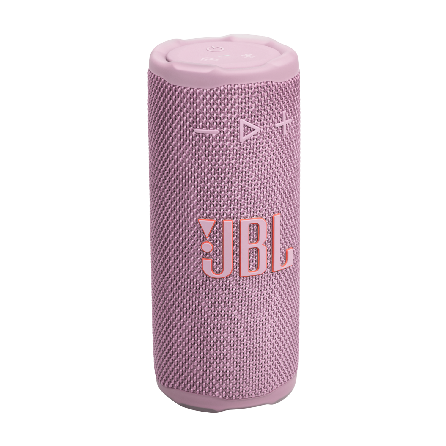 A pink JBL speaker stands upright against a black background. It has volume buttons and the JBL logo. The speaker is cylindrical.