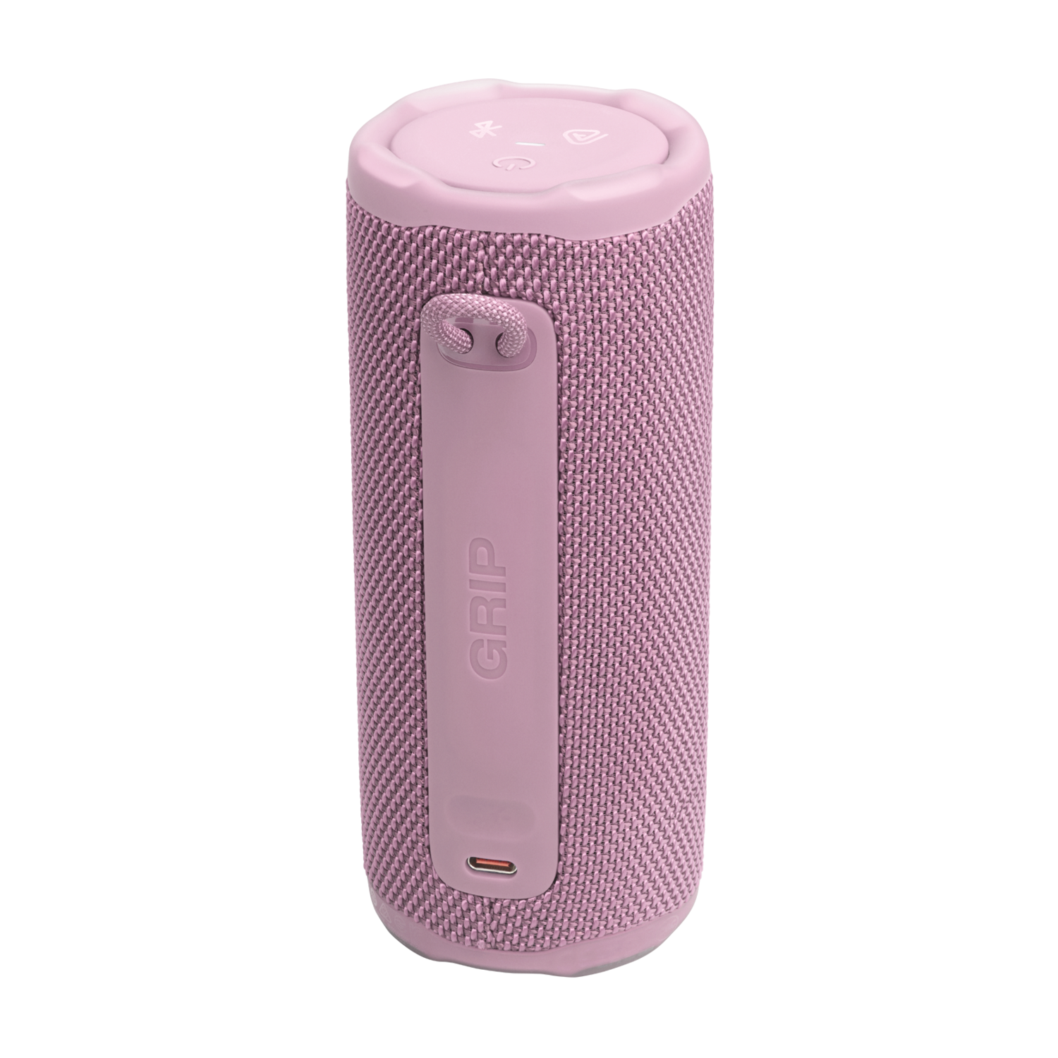 A pink, cylindrical speaker with a fabric exterior and a pink strap that reads 'GRIP'. It has buttons on top and a charging port.