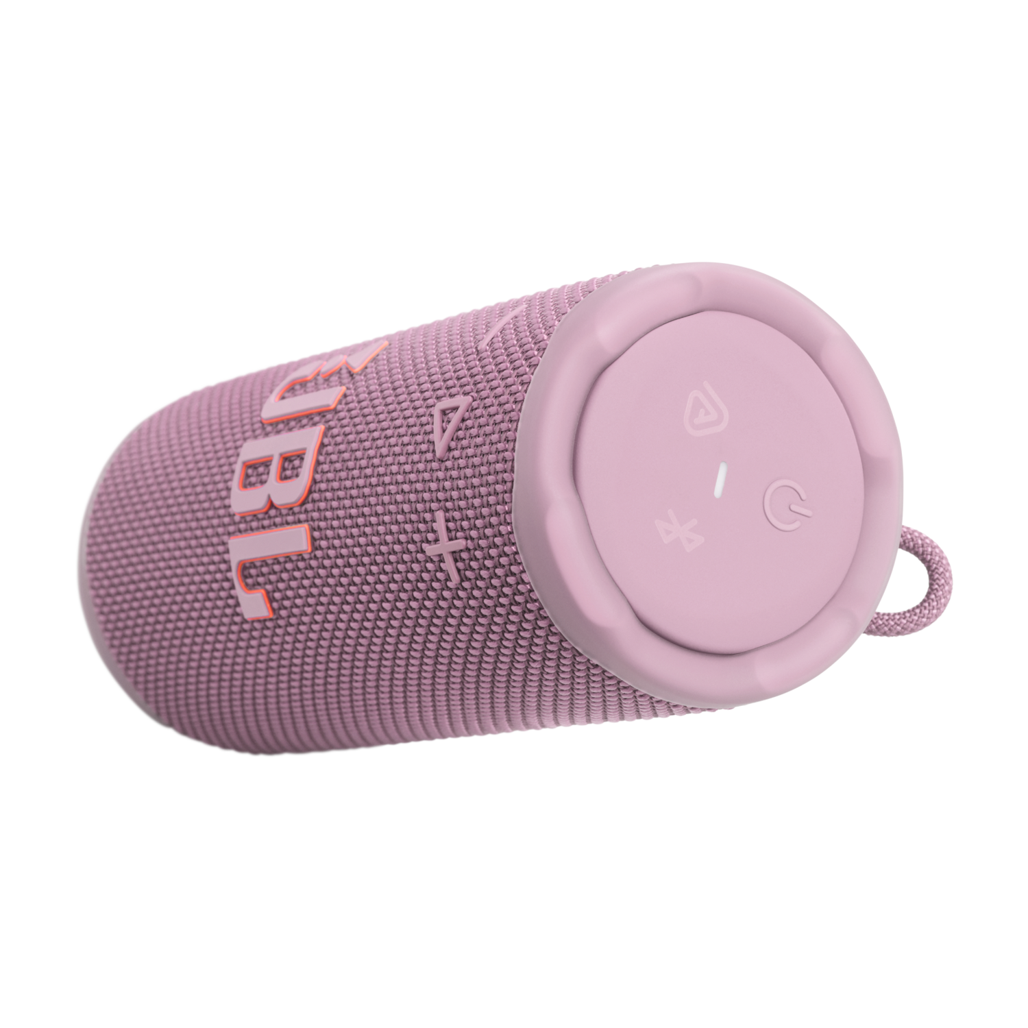 A pink JBL speaker on a black background. The speaker is cylindrical with control buttons at the top. The JBL logo is visible.