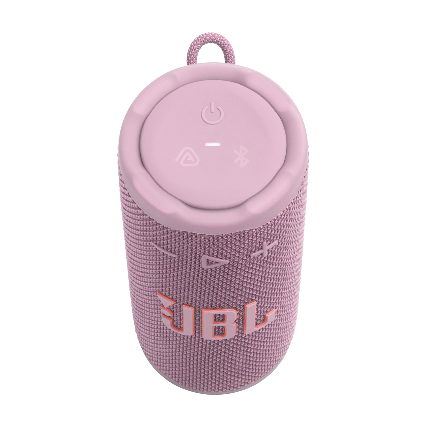 A pink JBL speaker on a black background. It has a loop at the top and the JBL logo at the bottom.
