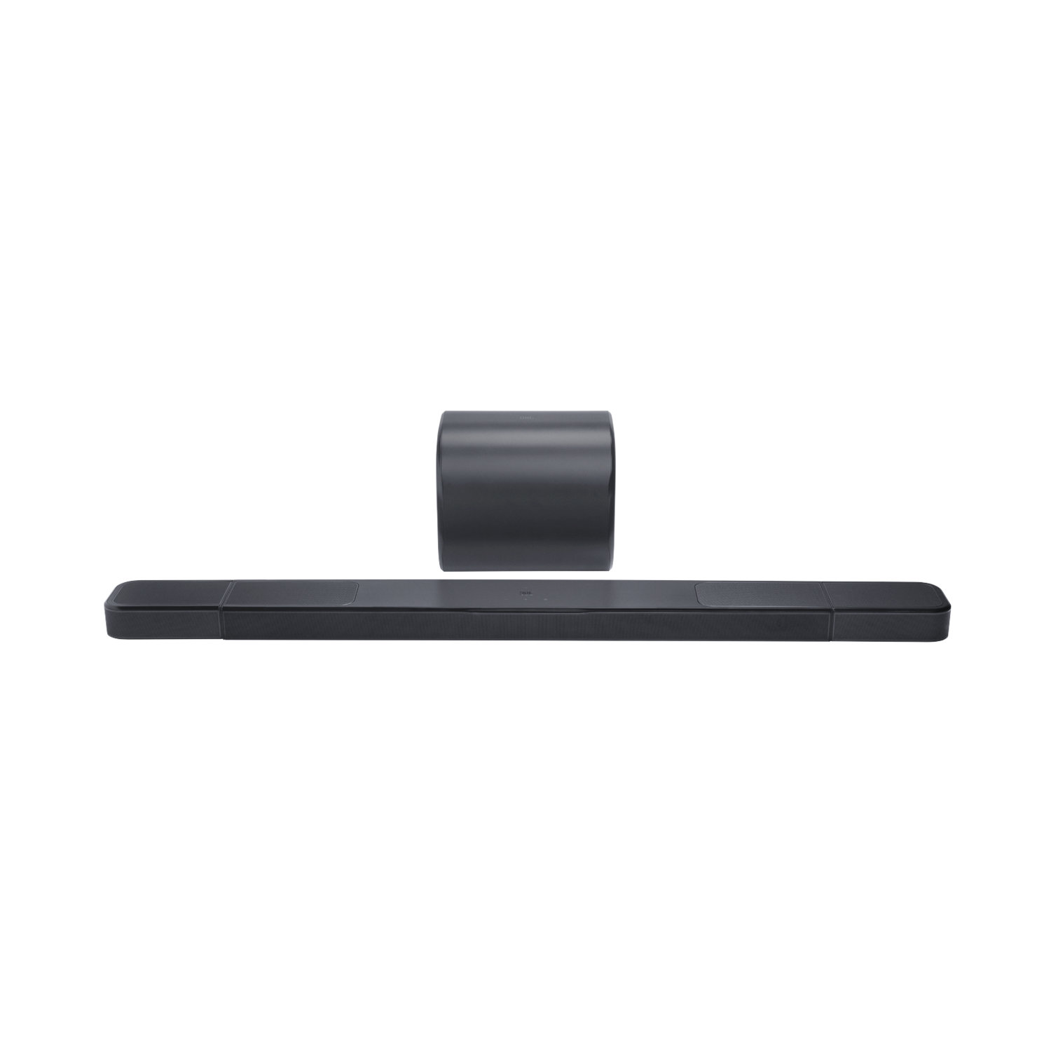 Een soundbar met subwoofer wordt weergegeven op een zwarte achtergrond. De soundbar is lang en rechthoekig, en de subwoofer is cilindrisch.