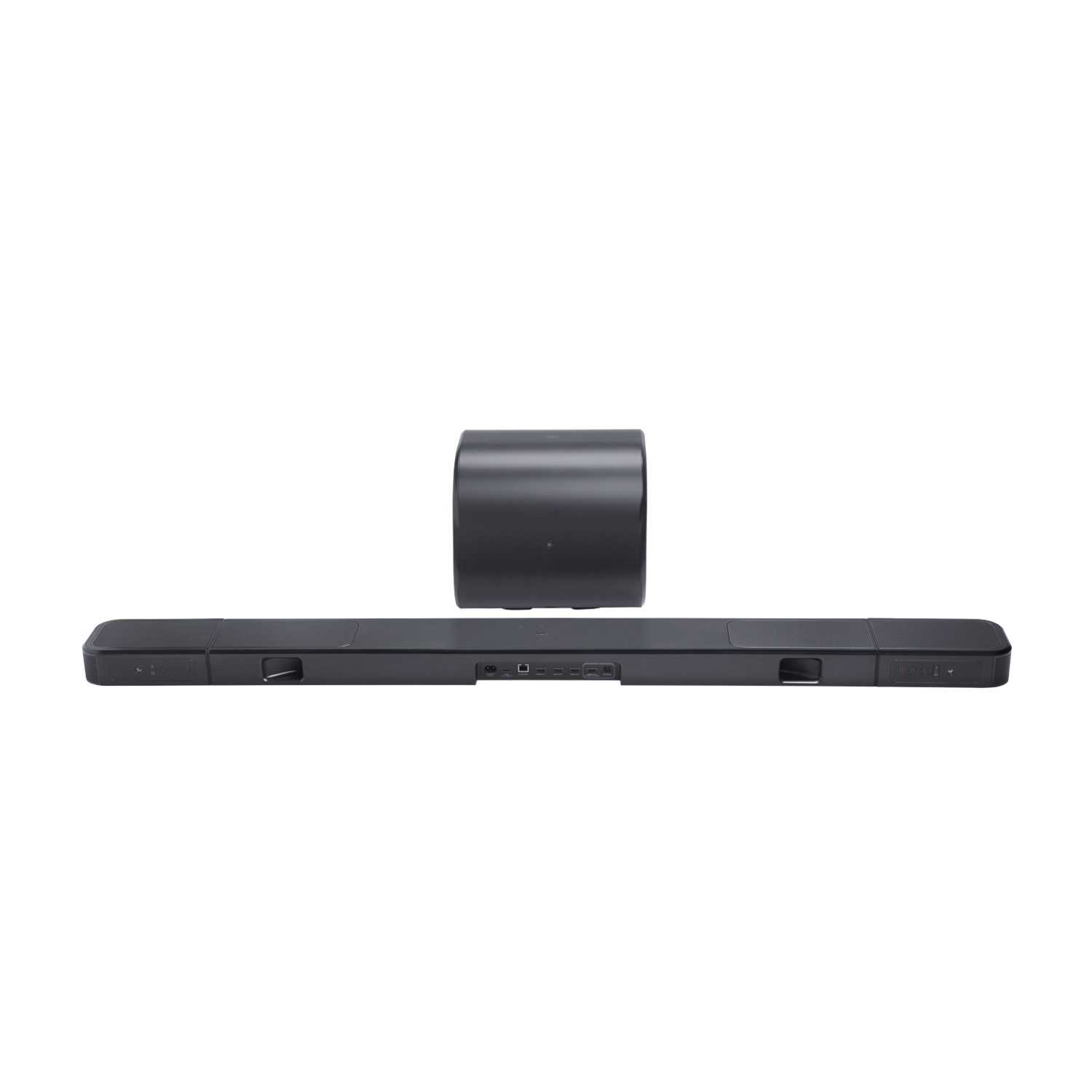 Een donkere soundbar met een cilindrische subwoofer op een zwarte achtergrond. Het heeft meerdere poorten en knoppen. De soundbar is gecentreerd.