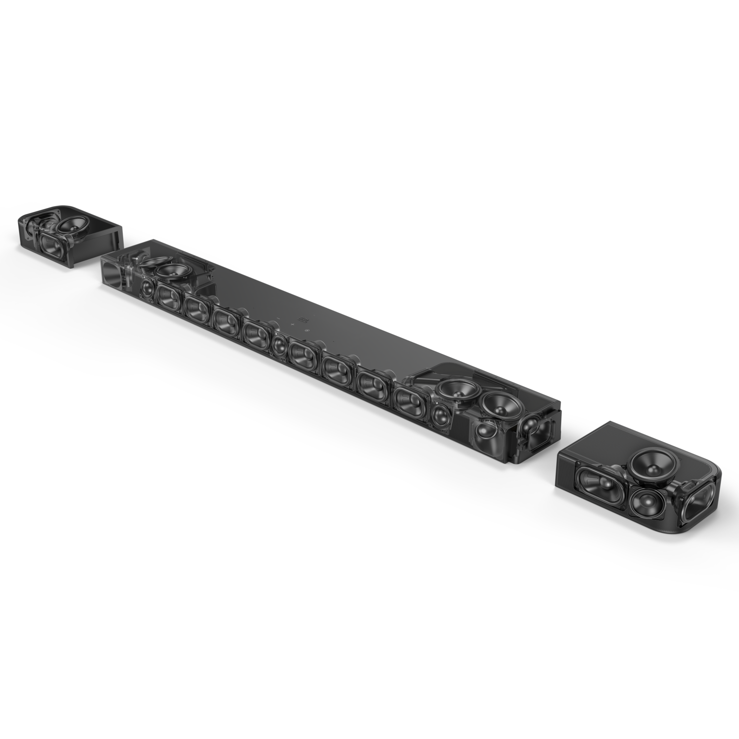 Een zwarte soundbar met meerdere luidsprekers, geflankeerd door twee kleinere luidsprekereenheden, alles op een lichtgrijze ondergrond.