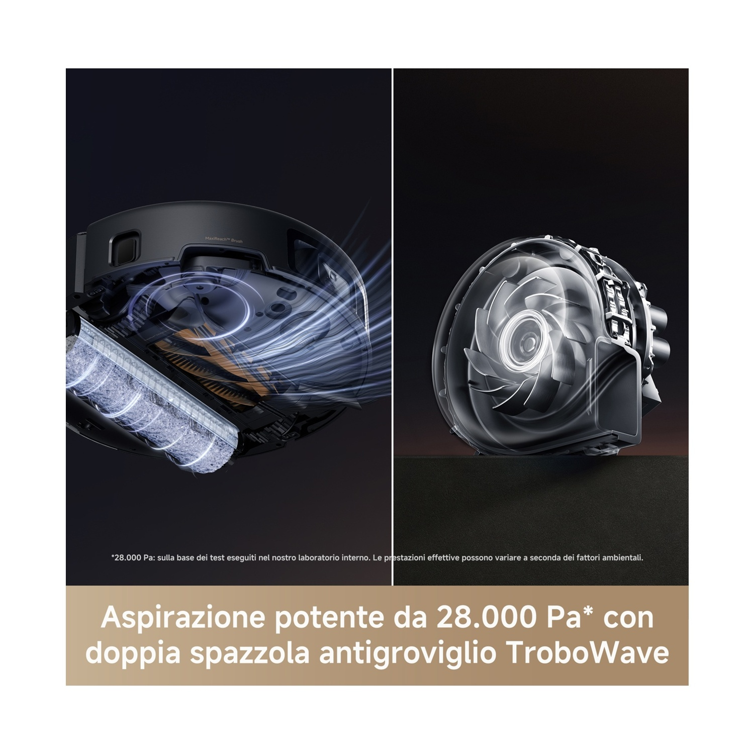 L'immagine mostra i componenti interni di un aspirapolvere. A sinistra la spazzola, a destra il motore. Il testo indica una potente aspirazione.