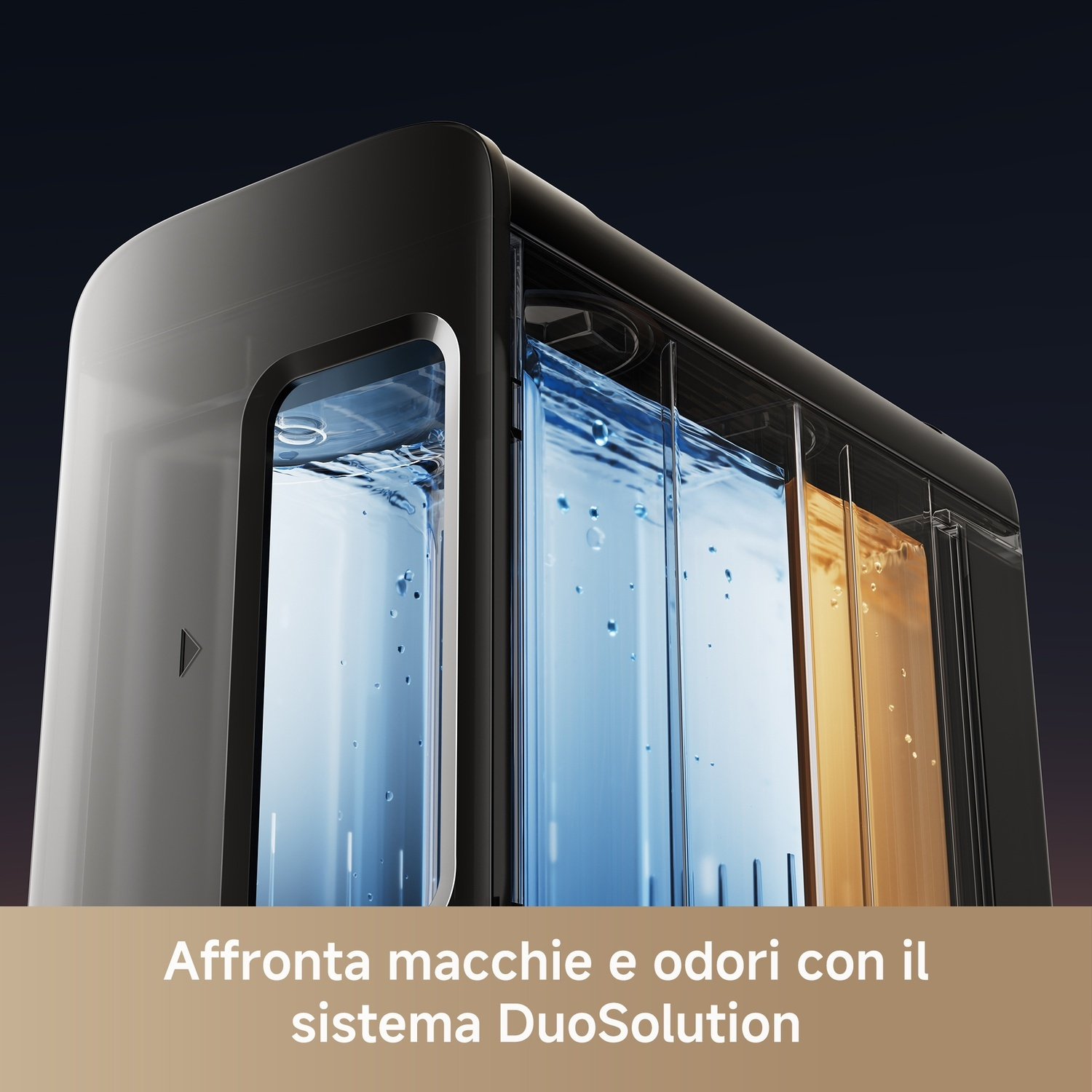 Dispositivo con camere trasparenti piene di liquidi blu e ambra, su sfondo scuro. Testo: 'Affronta macchie e odori con il sistema DuoSolution'.
