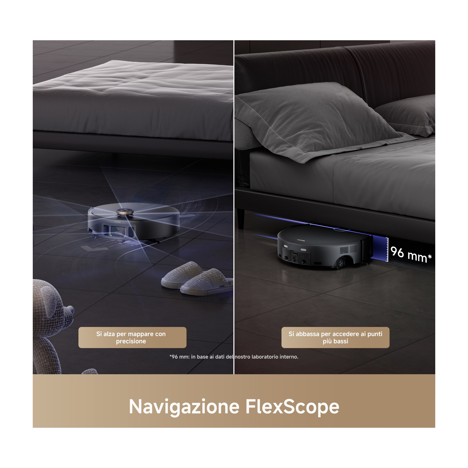 Un robot aspirapolvere è mostrato sotto un letto. L'immagine mostra come naviga e pulisce, con un focus sulla sua altezza.