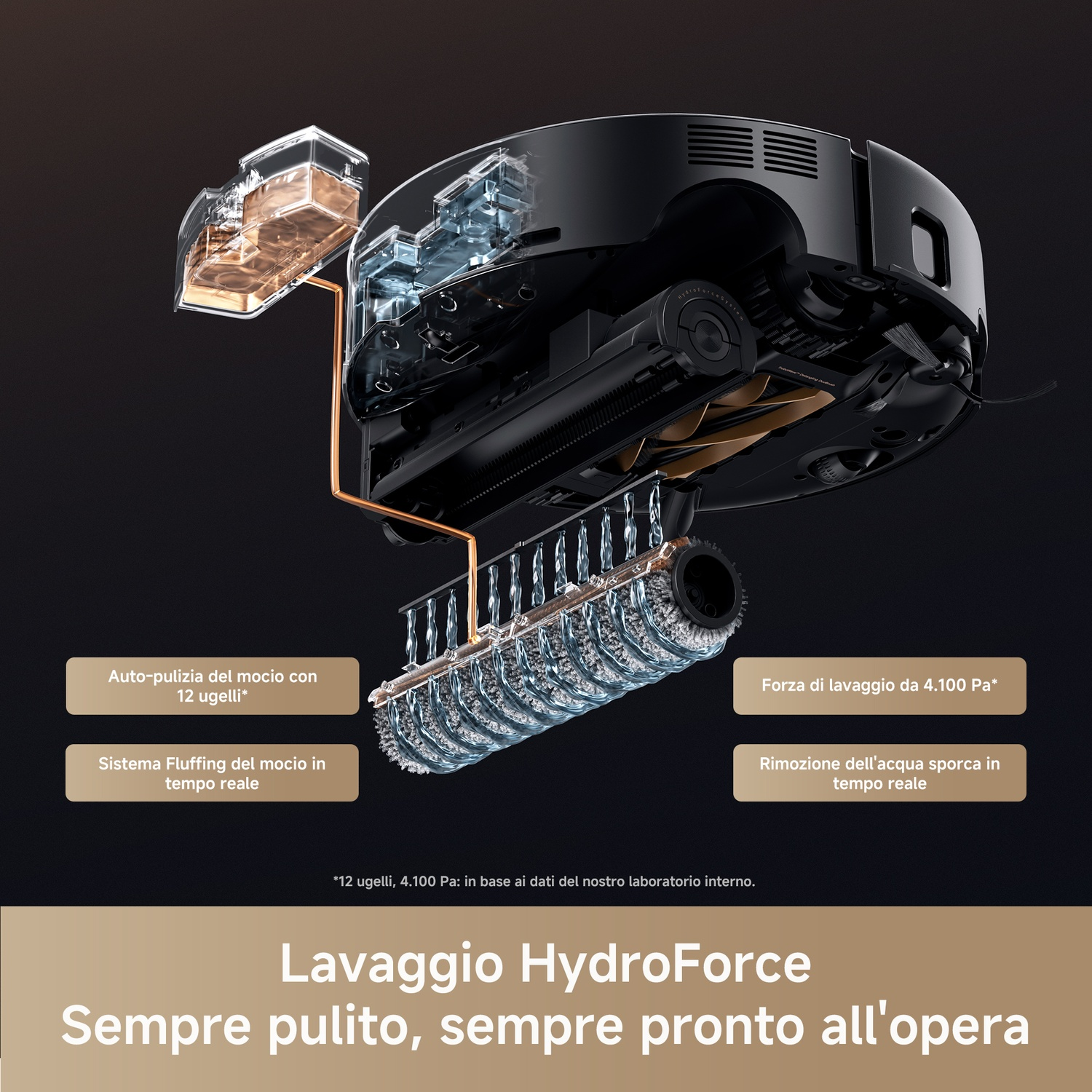 Un aspirapolvere robotico nero e trasparente con descrizioni sulle sue funzioni di pulizia e sul sistema HydroForce.