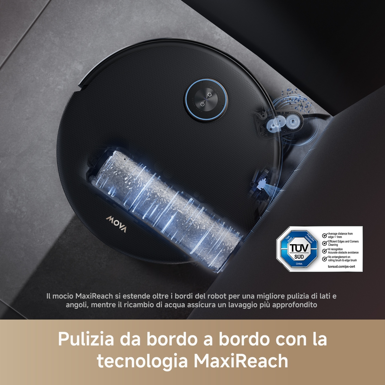 Un aspirapolvere robot nero con il marchio MOVA. Ha una luce blu e testo sulla tecnologia di pulizia. È visibile un logo TÜV SÜD.