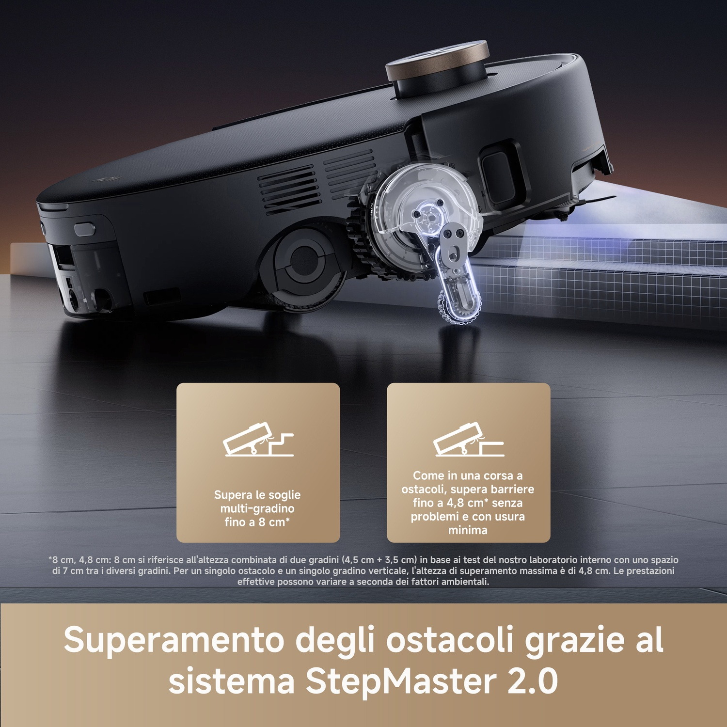 Un aspirapolvere robot nero con una ruota trasparente e ingranaggi. È progettato per superare gli ostacoli. Il testo ne spiega le capacità.