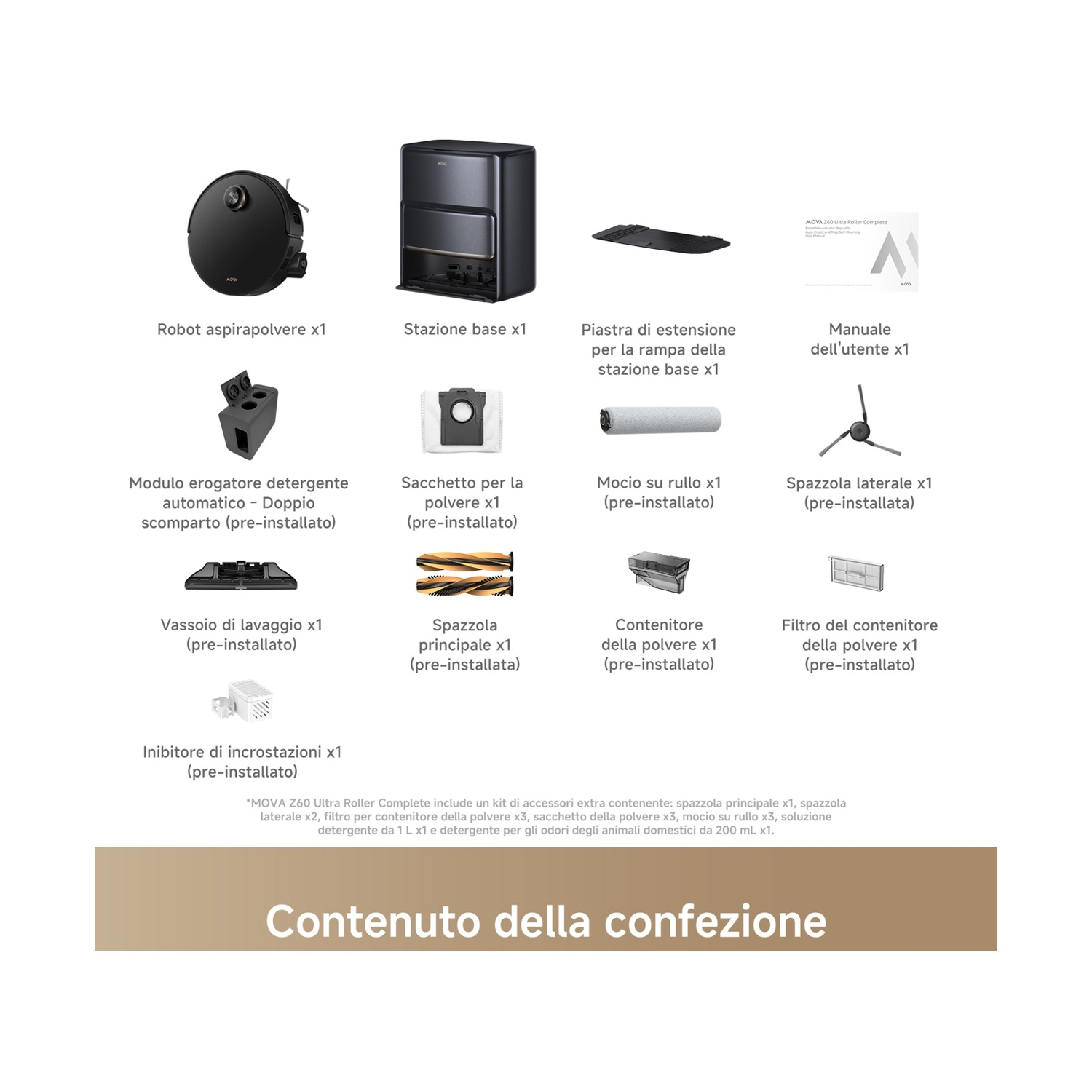 L'immagine mostra il contenuto del pacchetto MOVA Z60 Ultra Roller Complete, tra cui un robot aspirapolvere e accessori.