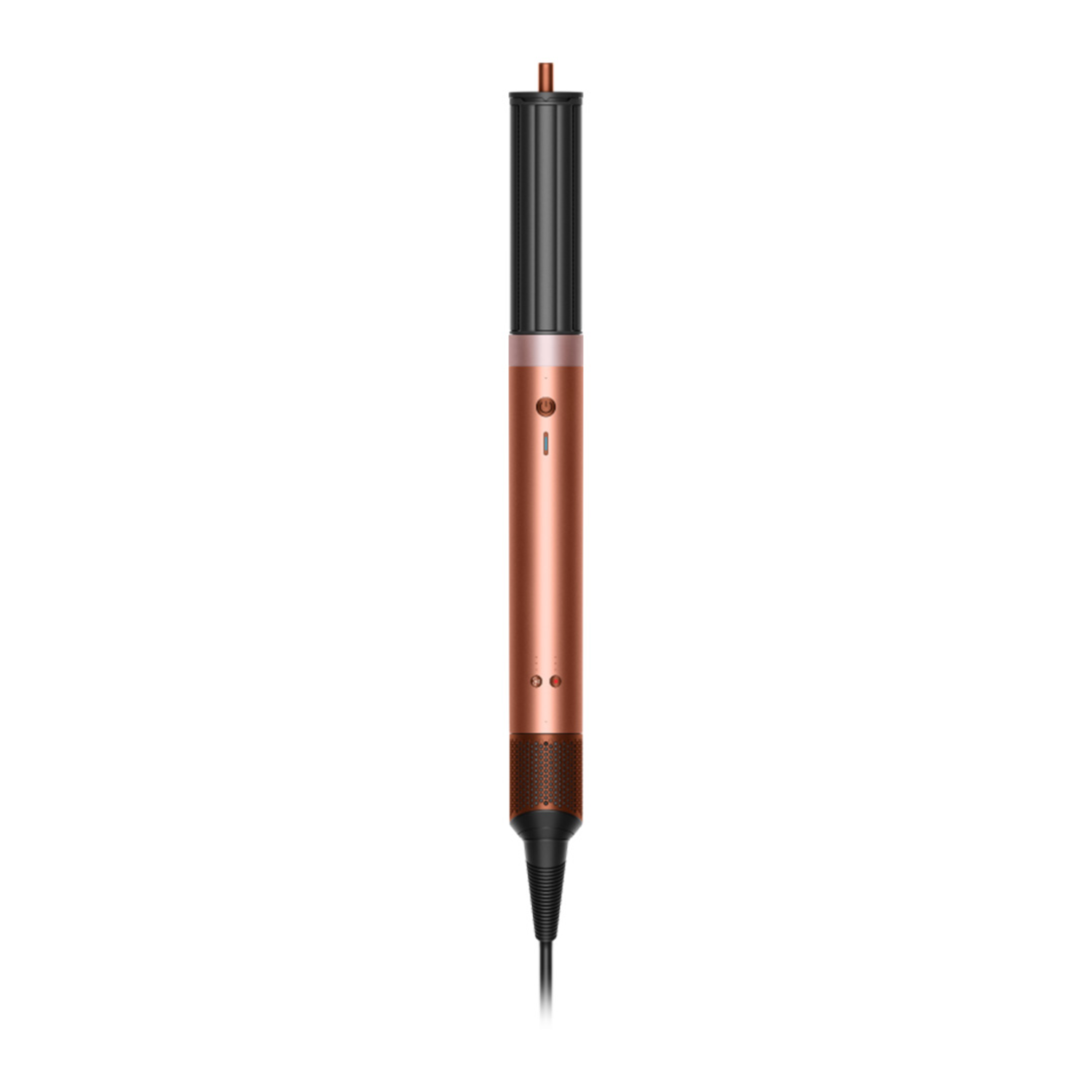 A copper and black hair styling tool, standing vertically on a white background. It has a power button and a black cord.
