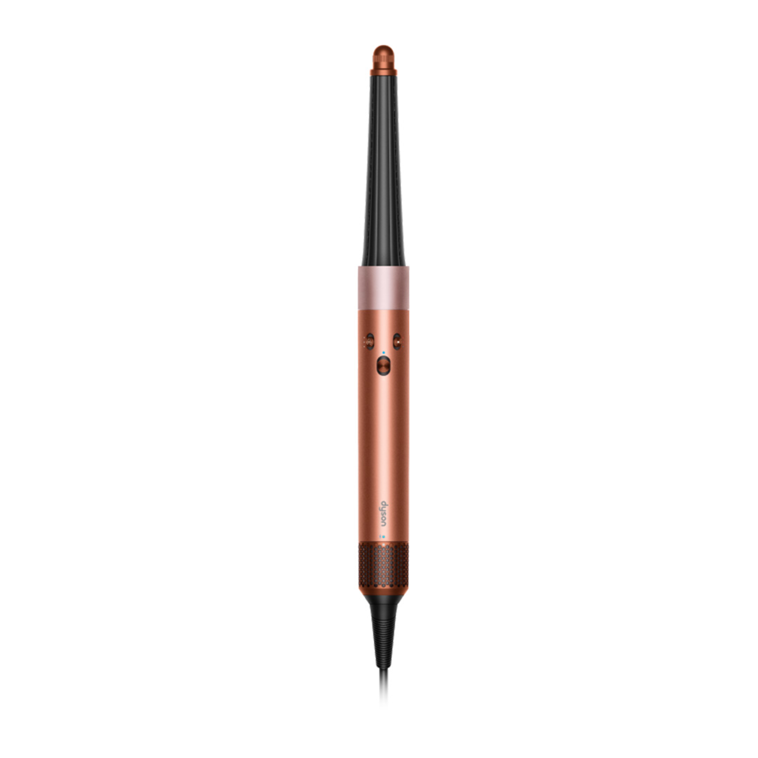 A Dyson hair styler, copper and black, on white background. It has a long, thin design with buttons and a cord.