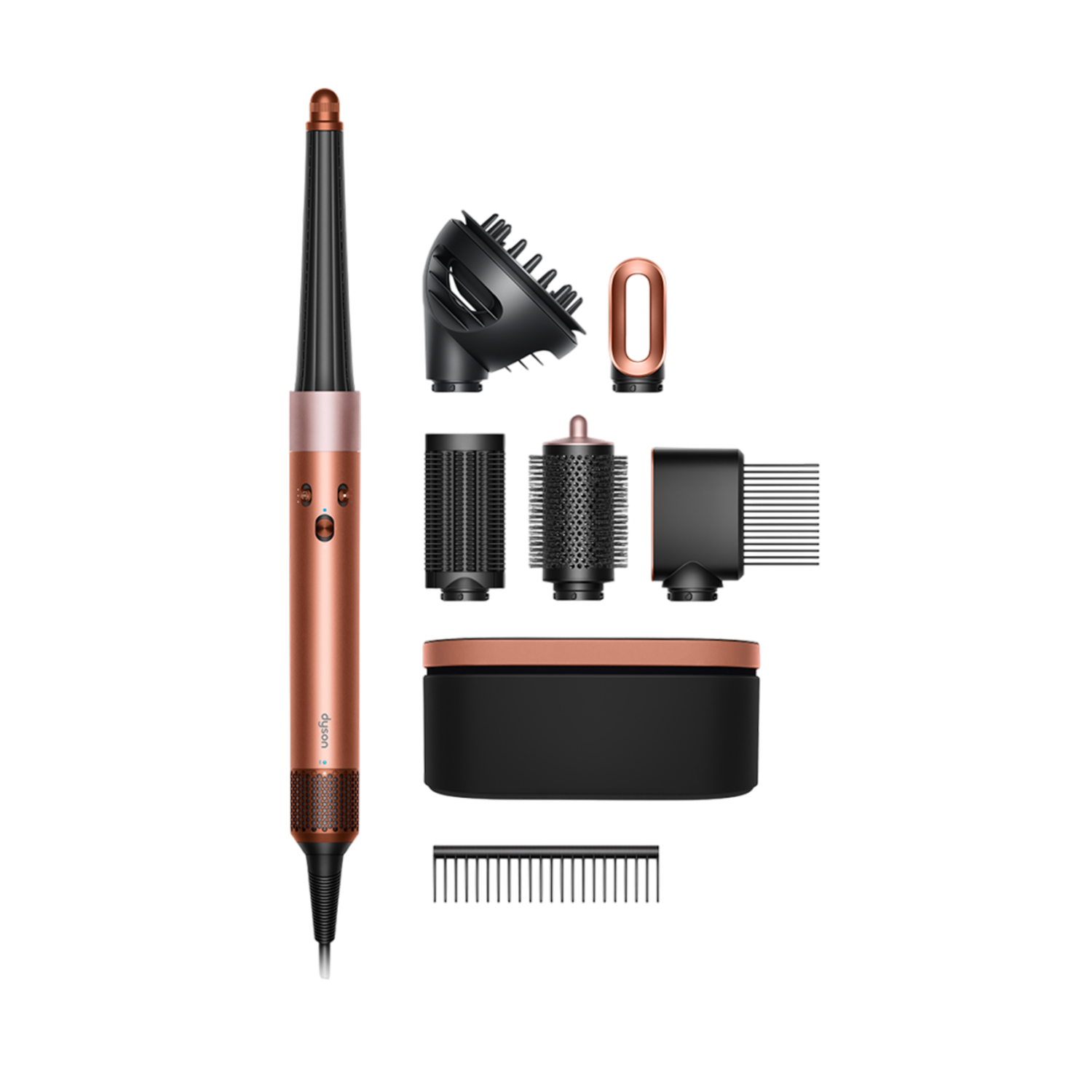 Dyson haarstyler en opzetstukken. Koper en zwart. Inclusief styler, borstelkoppen en opbergkoffer, alles tegen een zwarte achtergrond.