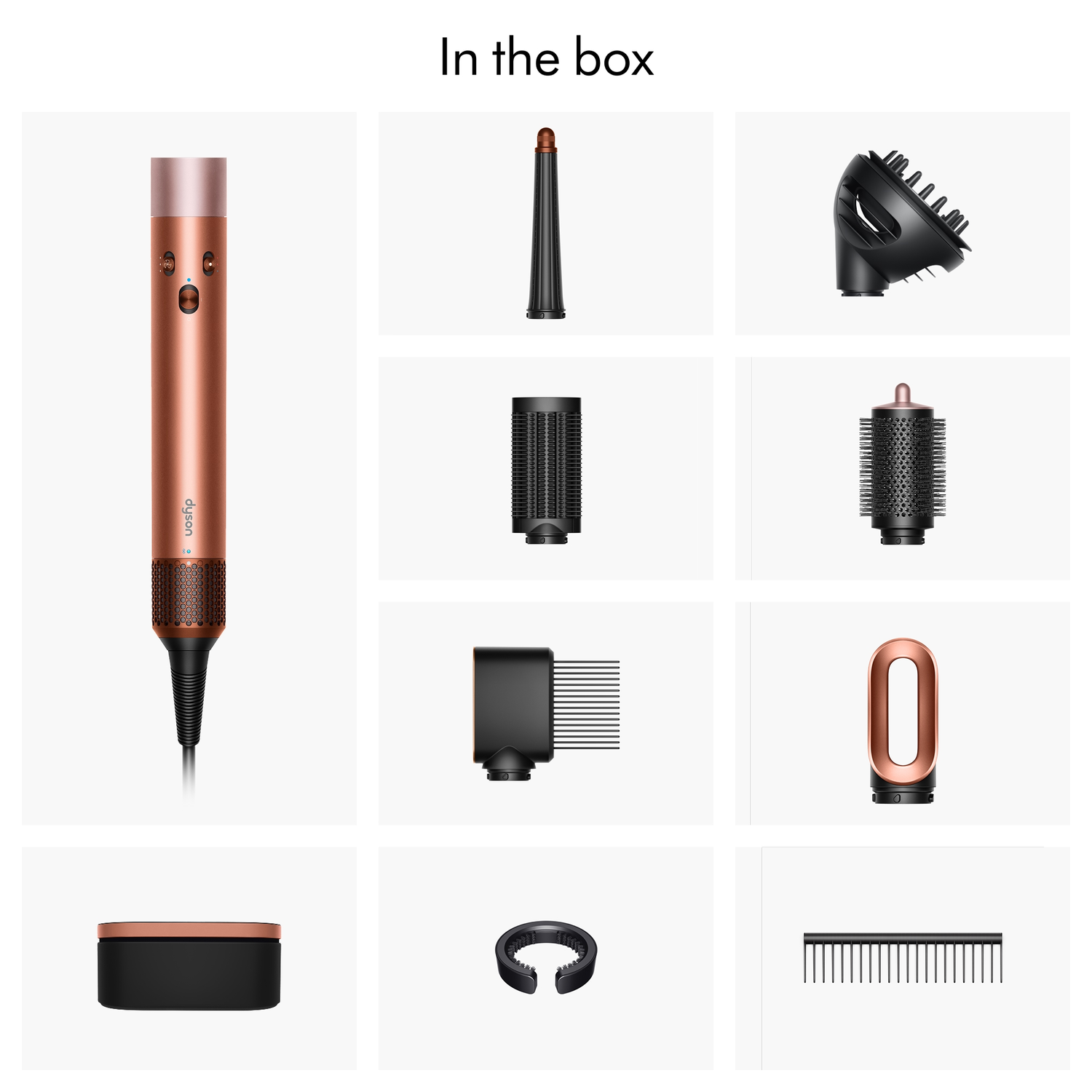 Image shows a copper-colored hair dryer and various attachments. Includes a diffuser, styling concentrator, and smoothing nozzle.