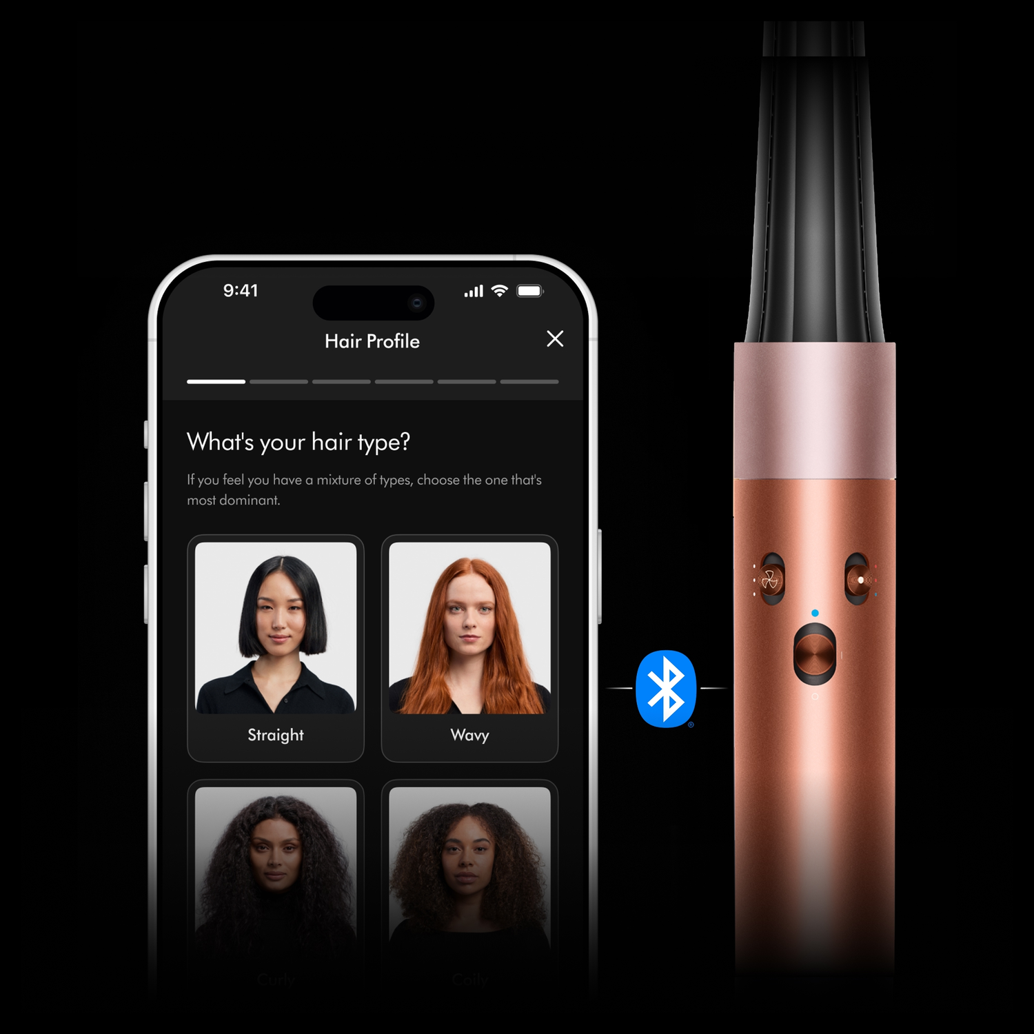 A phone displays a hair profile app, showing hair types. A rose gold hair styler is on the right side, with a Bluetooth symbol.