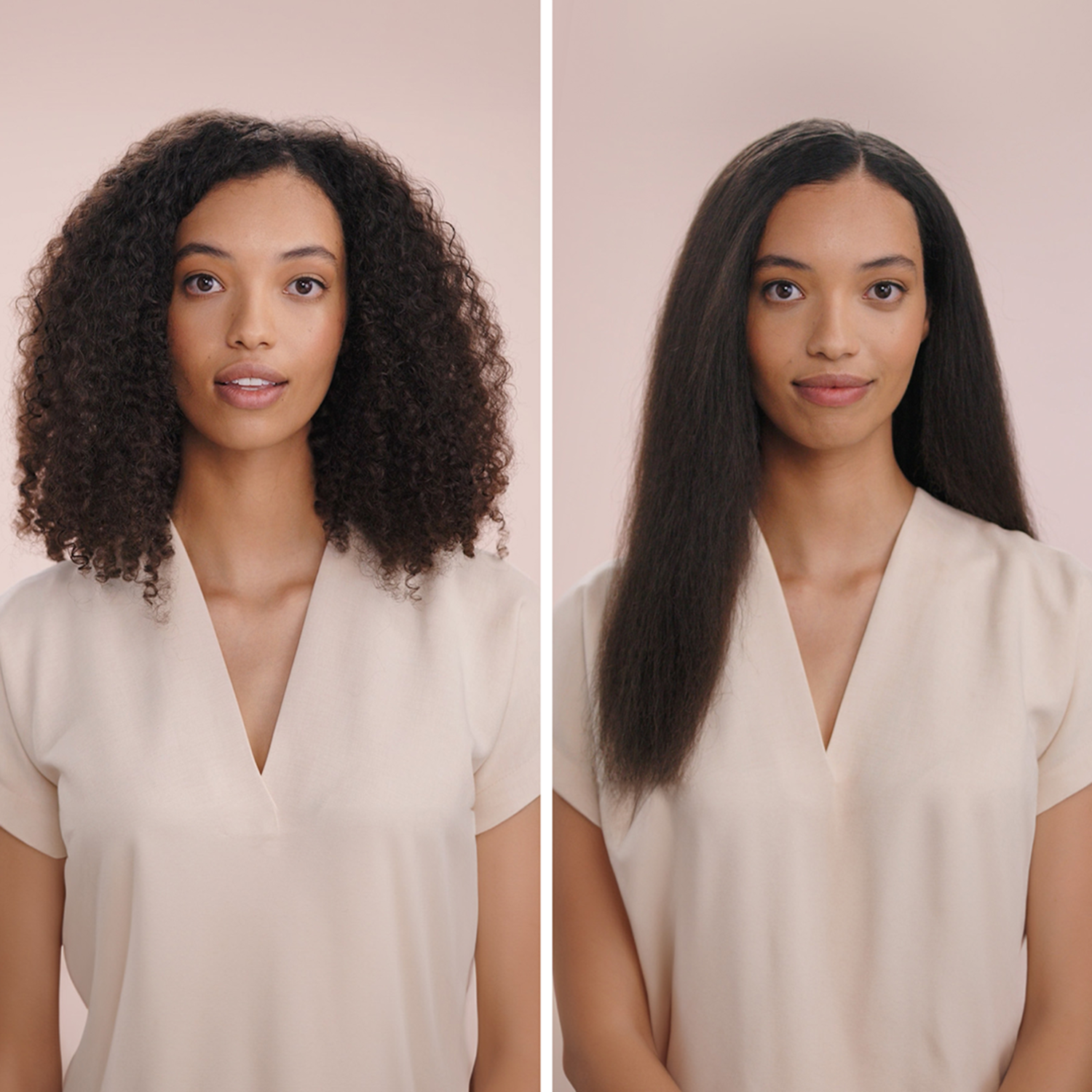 Een vrouw met krullend haar links en steil haar rechts. Beide zijden dragen een beige top en kijken in de camera.