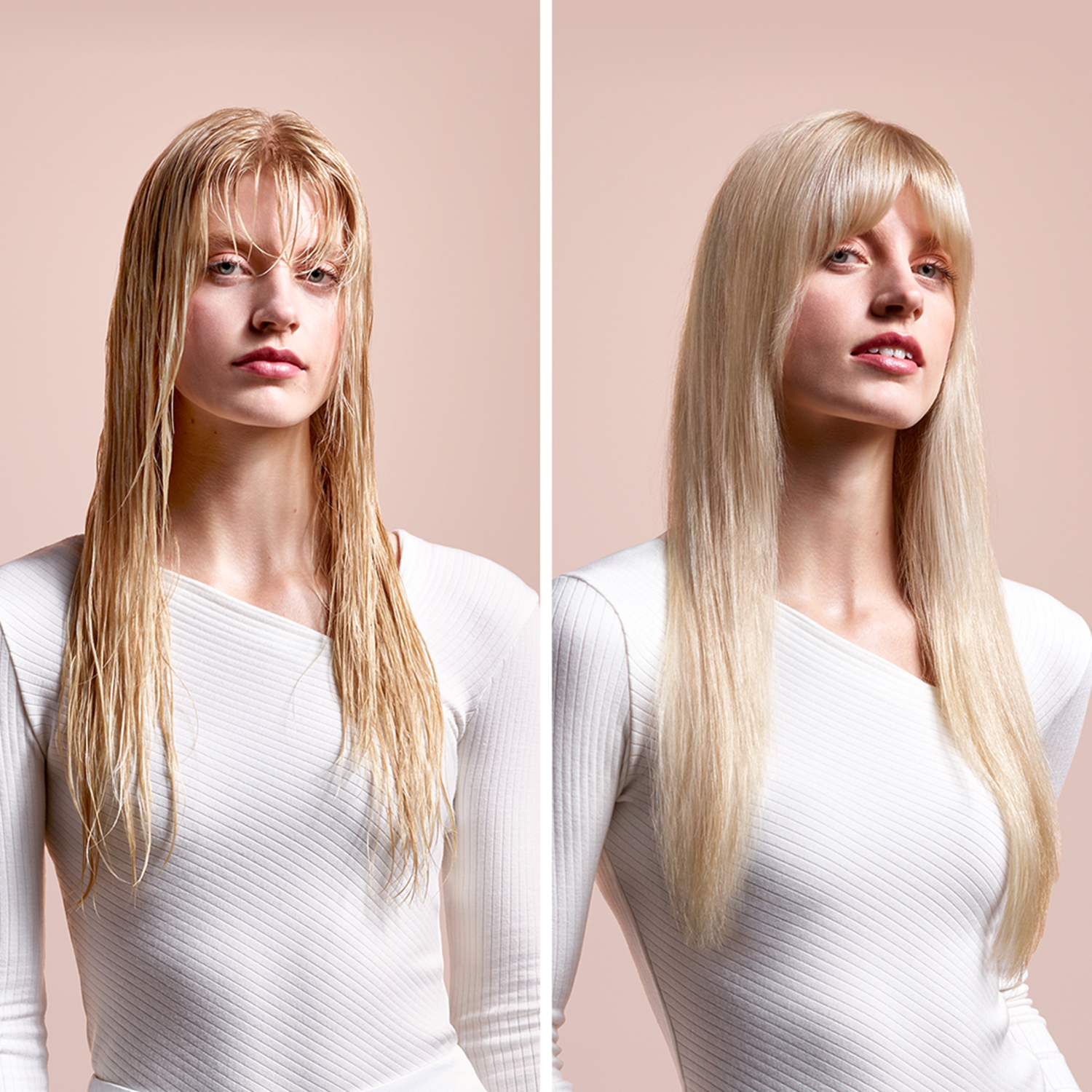 Twee afbeeldingen van een vrouw met blond haar. Eén met nat haar, de andere met gestyled haar. Beide dragen een witte top.