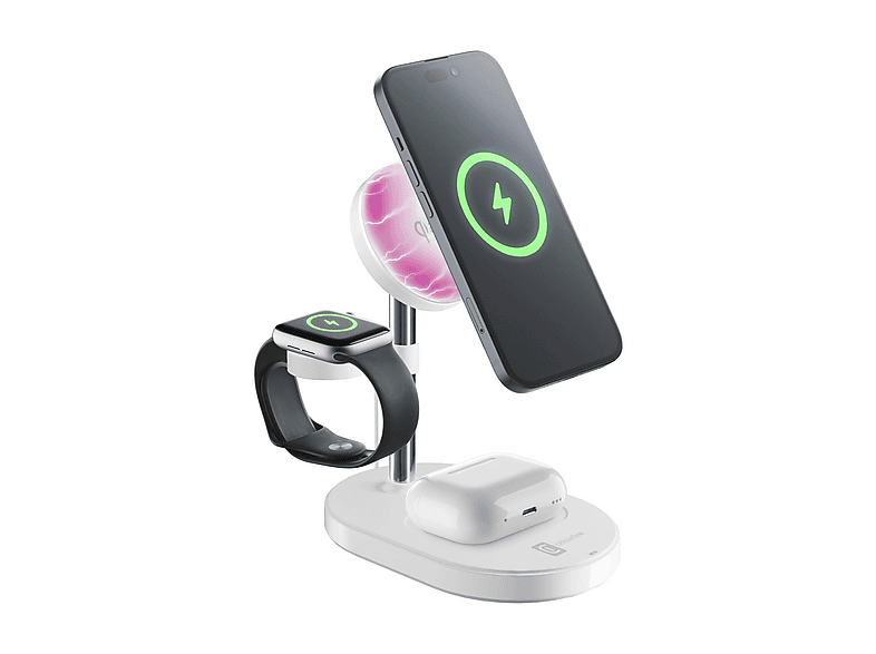 Caricatore Magsafe Cellularline Mag Trio da 15W, Stazione di Ricarica Wireless 3in1 con Qi2, 15W per Smartphone, Auricolari e Smartwatch, Bianco