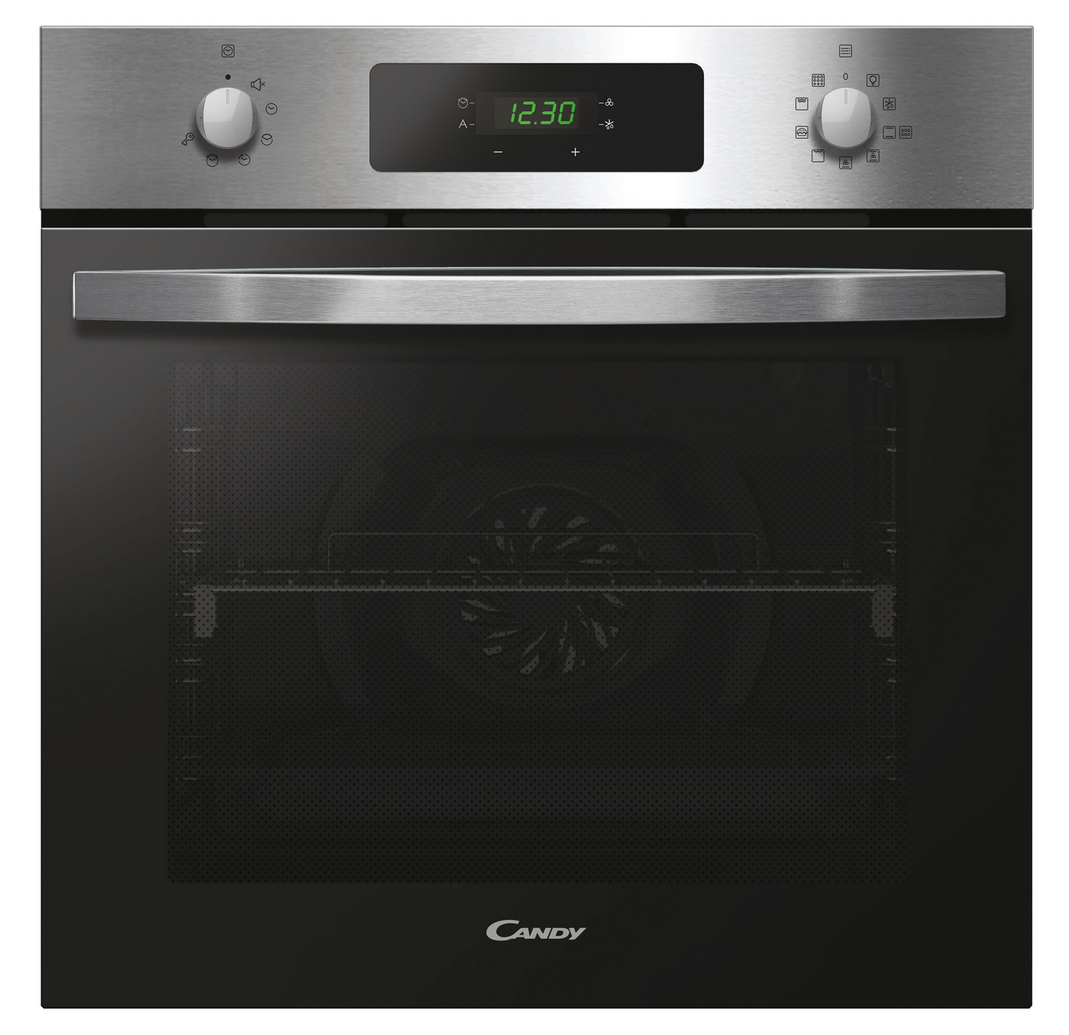 Un horno empotrado de acero inoxidable con pantalla digital que muestra 12:30. Tiene perillas y un asa. El logotipo de Candy está en la parte inferior.