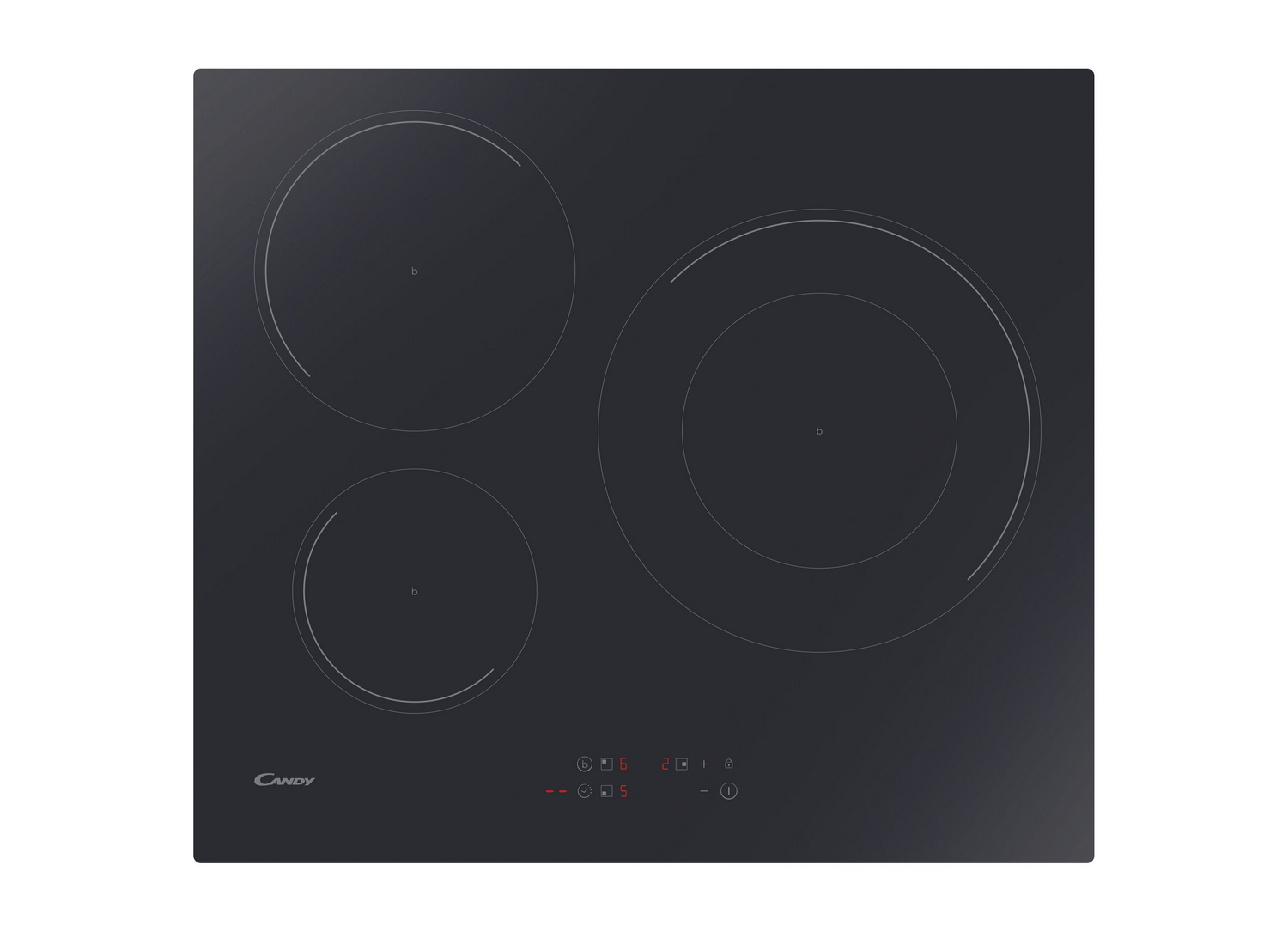 Placa de inducción Candy negra con tres zonas de cocción circulares. Panel de control con botones táctiles e indicadores LED rojos. Fondo blanco.