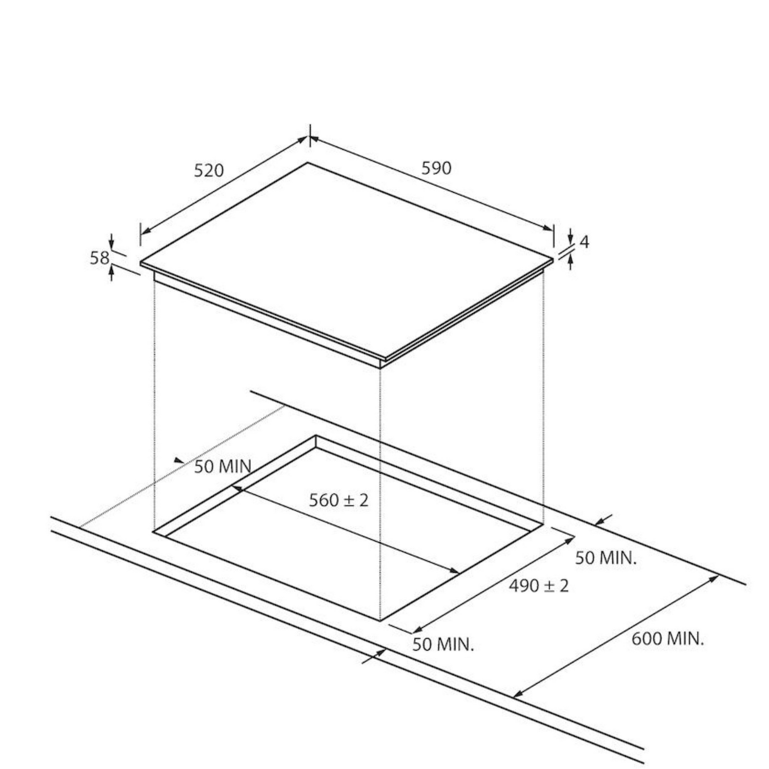 Diagrama que muestra una placa de cocina con dimensiones: 520x590x58x4 mm y dimensiones de corte: 490x560 mm. Espacio mínimo de instalación indicado.