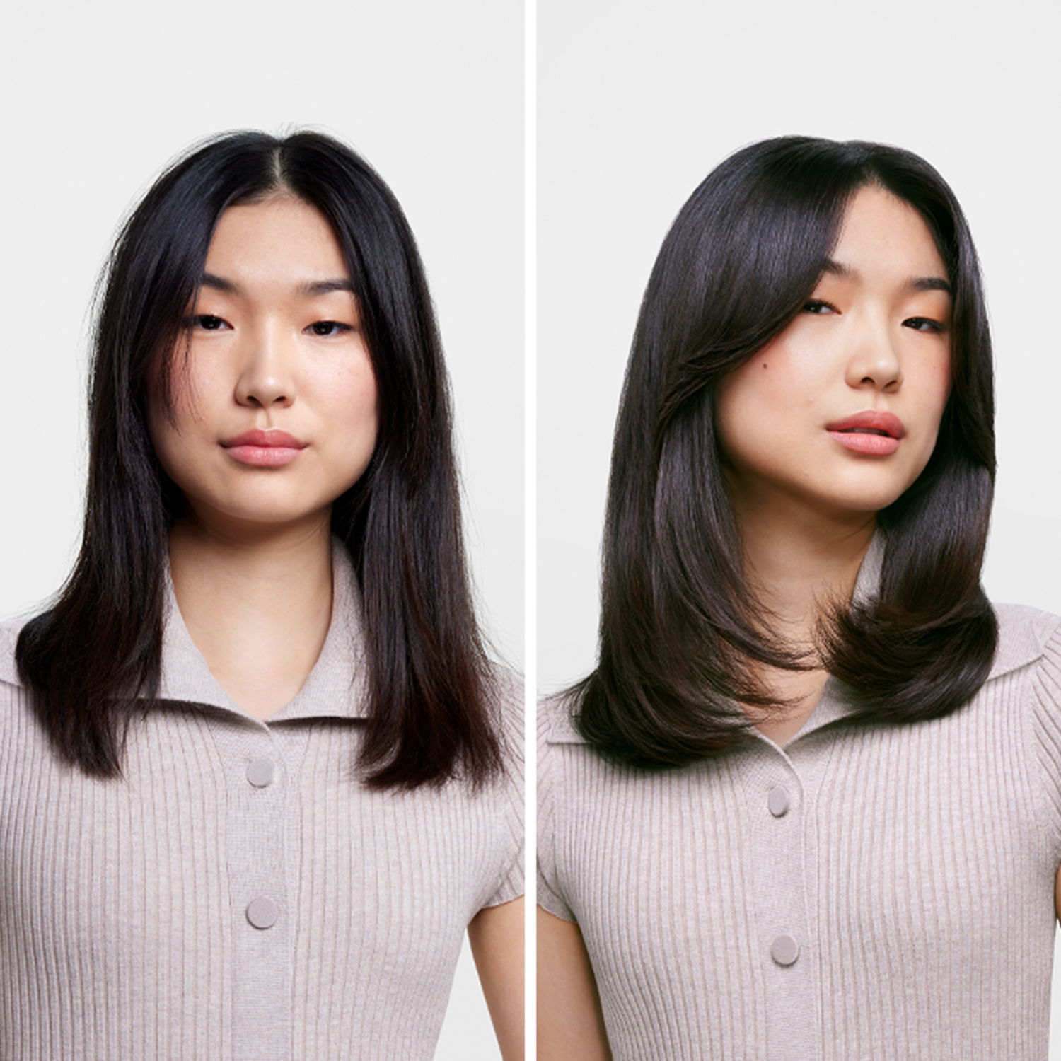 Two side-by-side portraits of a woman with black hair. The left image shows unstyled hair, the right is styled and shiny.