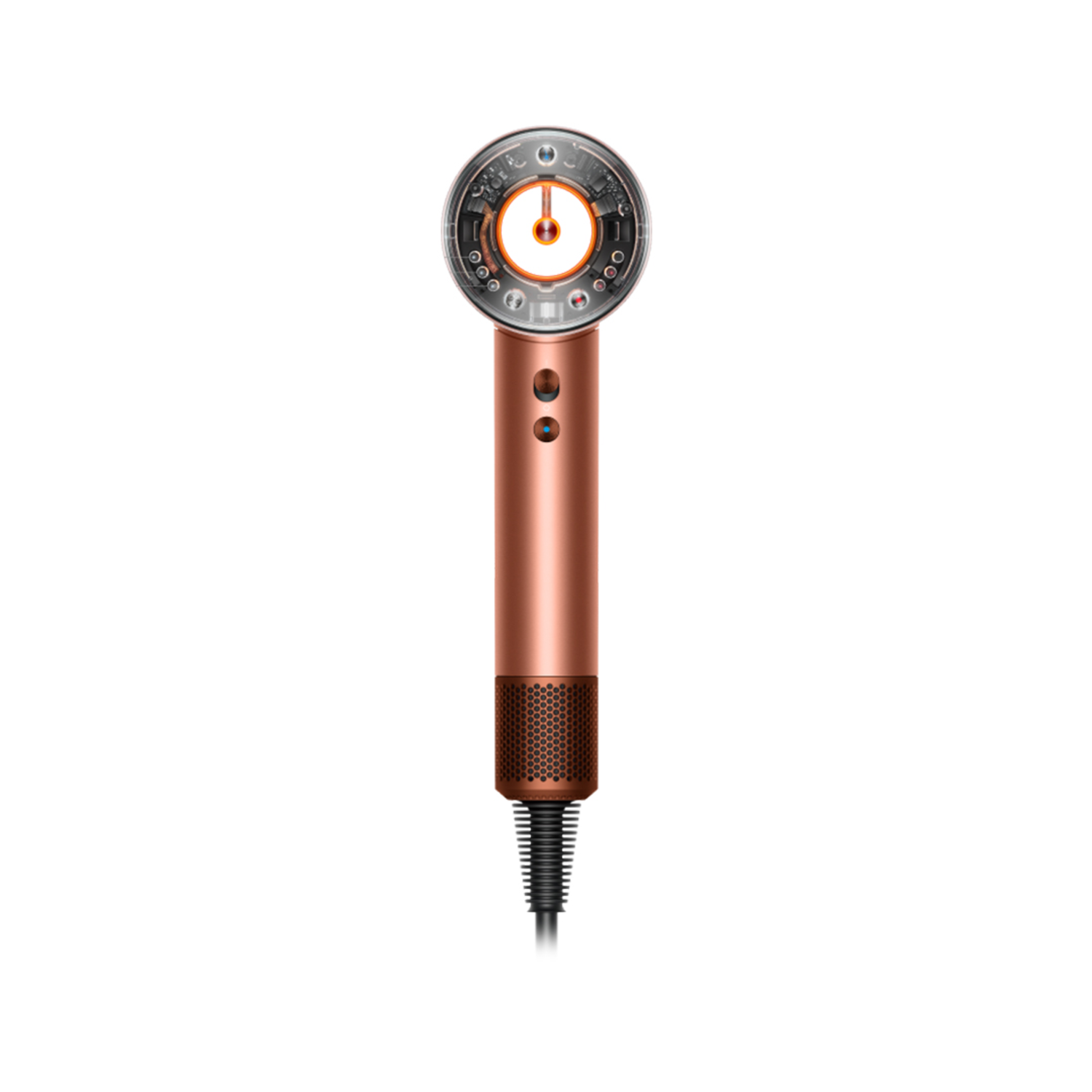 A copper-colored Dyson hair dryer on a white background. It has a circular head with an orange power button and a black cord.