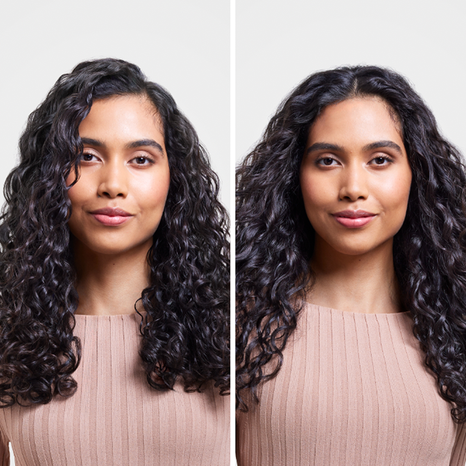 Two side-by-side portraits of a woman with dark curly hair, wearing a beige ribbed sweater, and a neutral background.