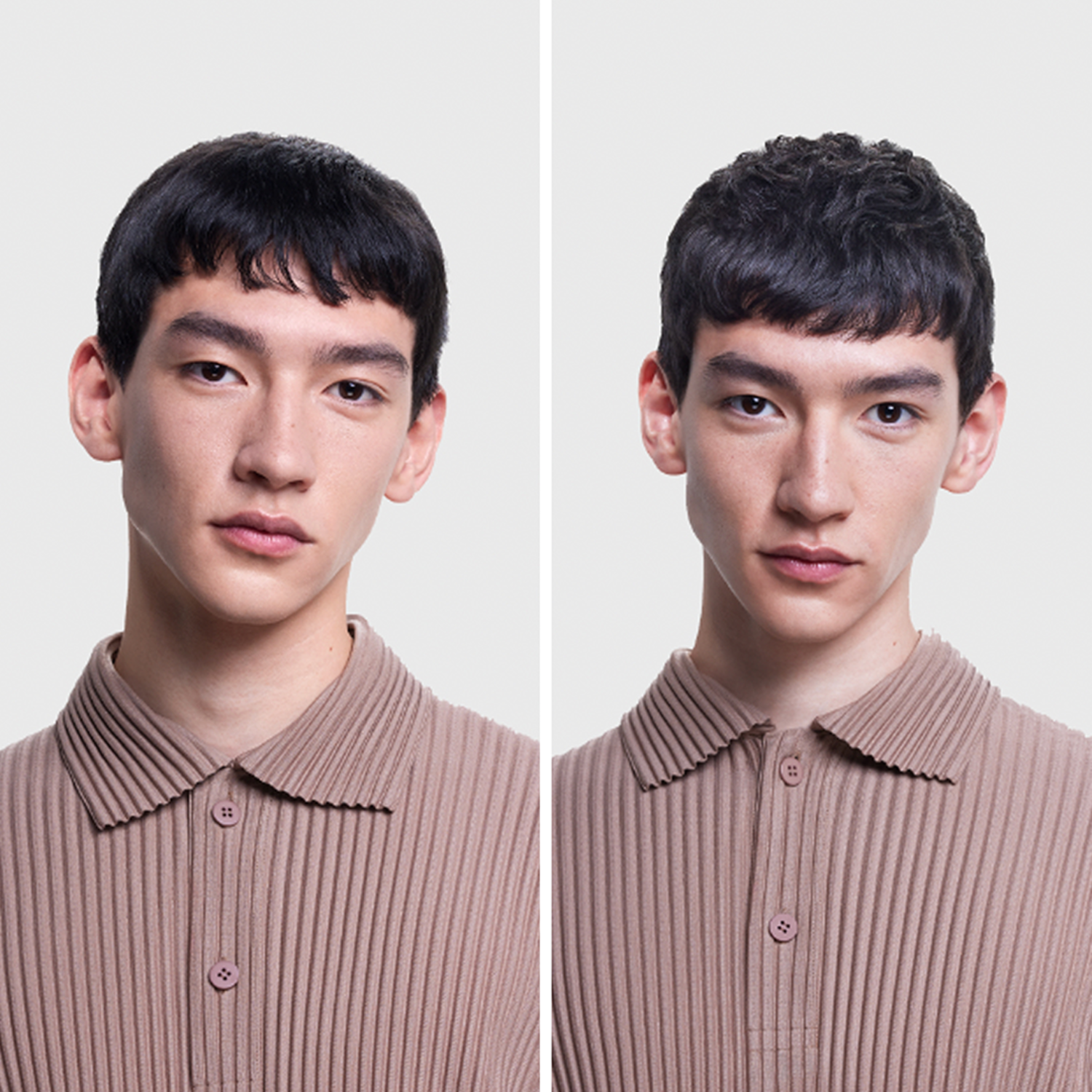 Two side-by-side headshots of a man with dark hair, wearing a tan collared shirt against a white background.