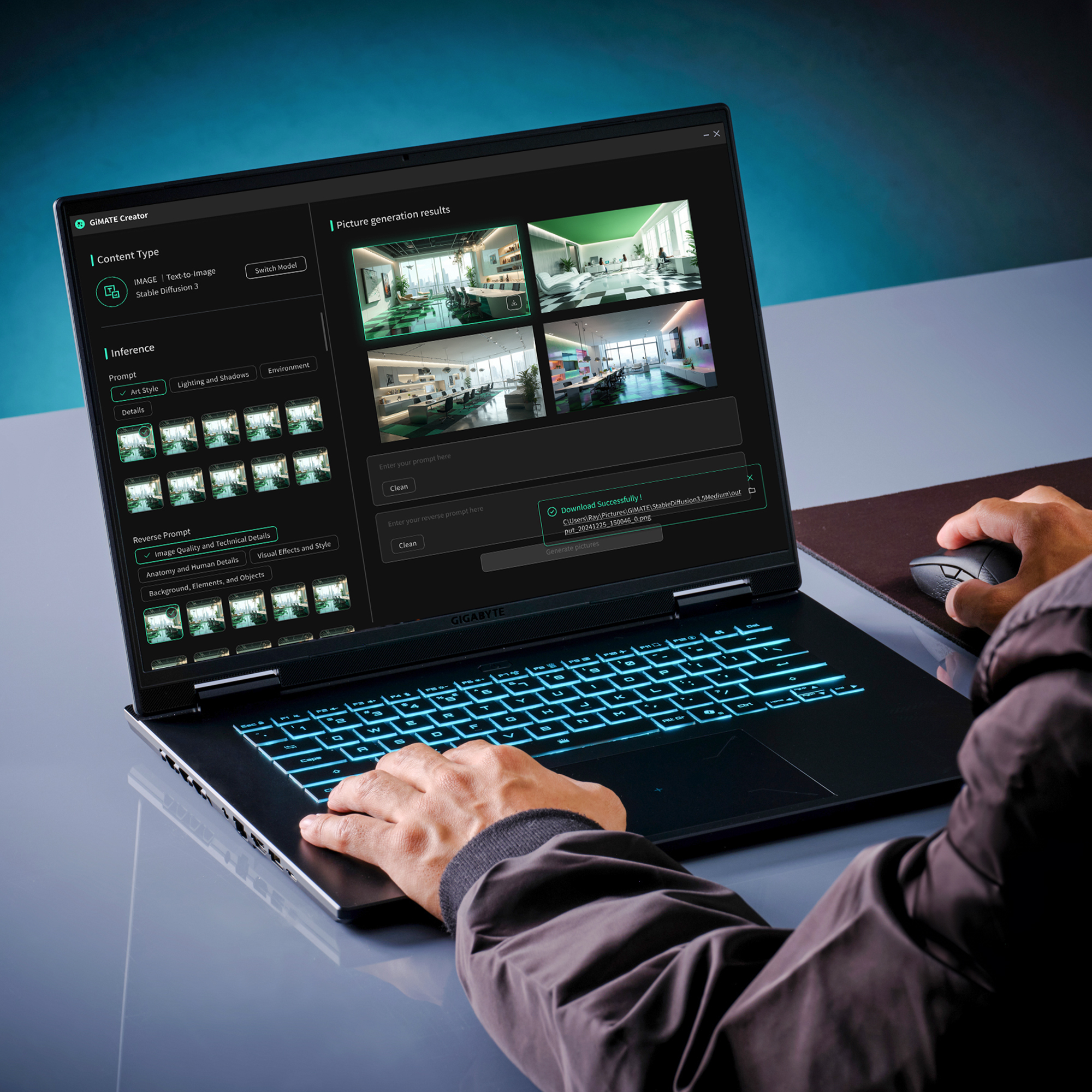 Ein Laptop zeigt eine Bildgenerierungsoberfläche mit Beispielbildern. Eine Hand benutzt die Maus. Die Tastatur leuchtet blau.