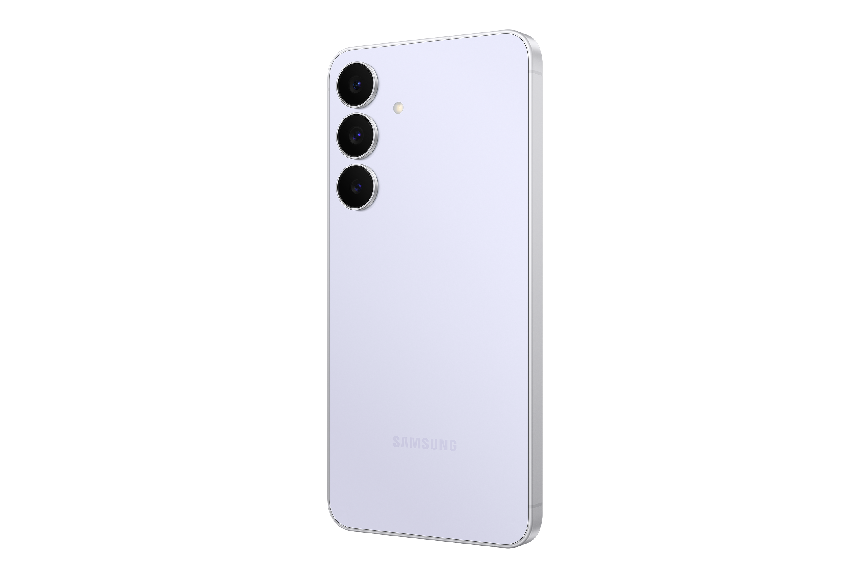 Világos lila Samsung telefon, három kamerával és Samsung logóval a hátulján, fekete háttér előtt.