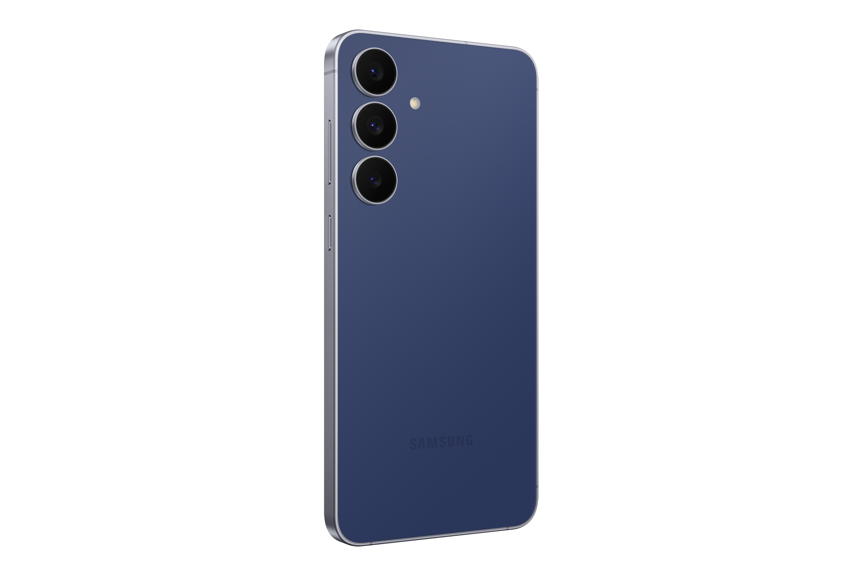 Kék Samsung telefon, három hátlapi kamera, ezüst keret, fekete háttér. Samsung logó alul.