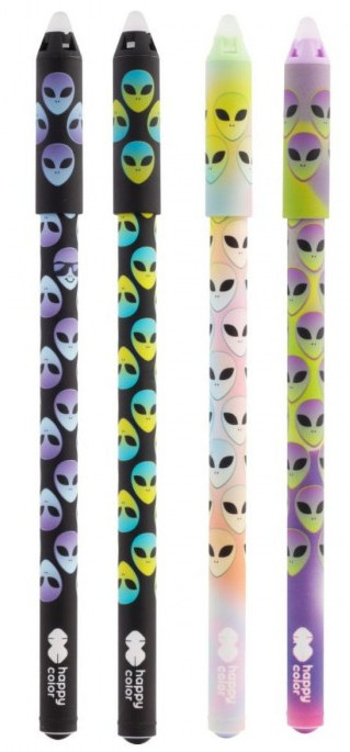 Cztery długopisy ze wzorami głów obcych. Każdy ma inny schemat kolorów: czarny, niebieski, żółty i fioletowy.