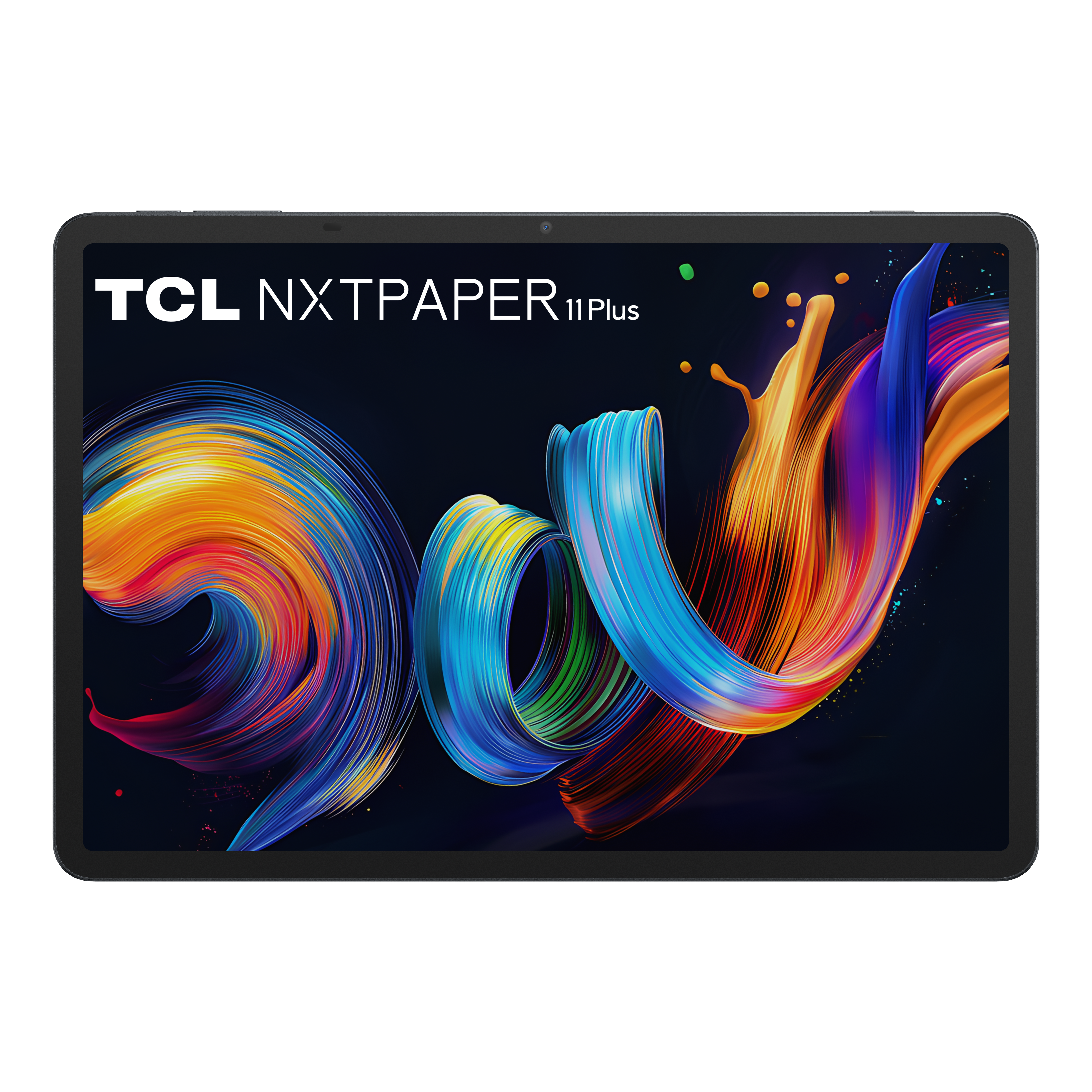 TCL NXTPAPER 11 Plus tablet. A kijelző színes festékörvényeket mutat fekete háttér előtt. Fekete tablet keret.