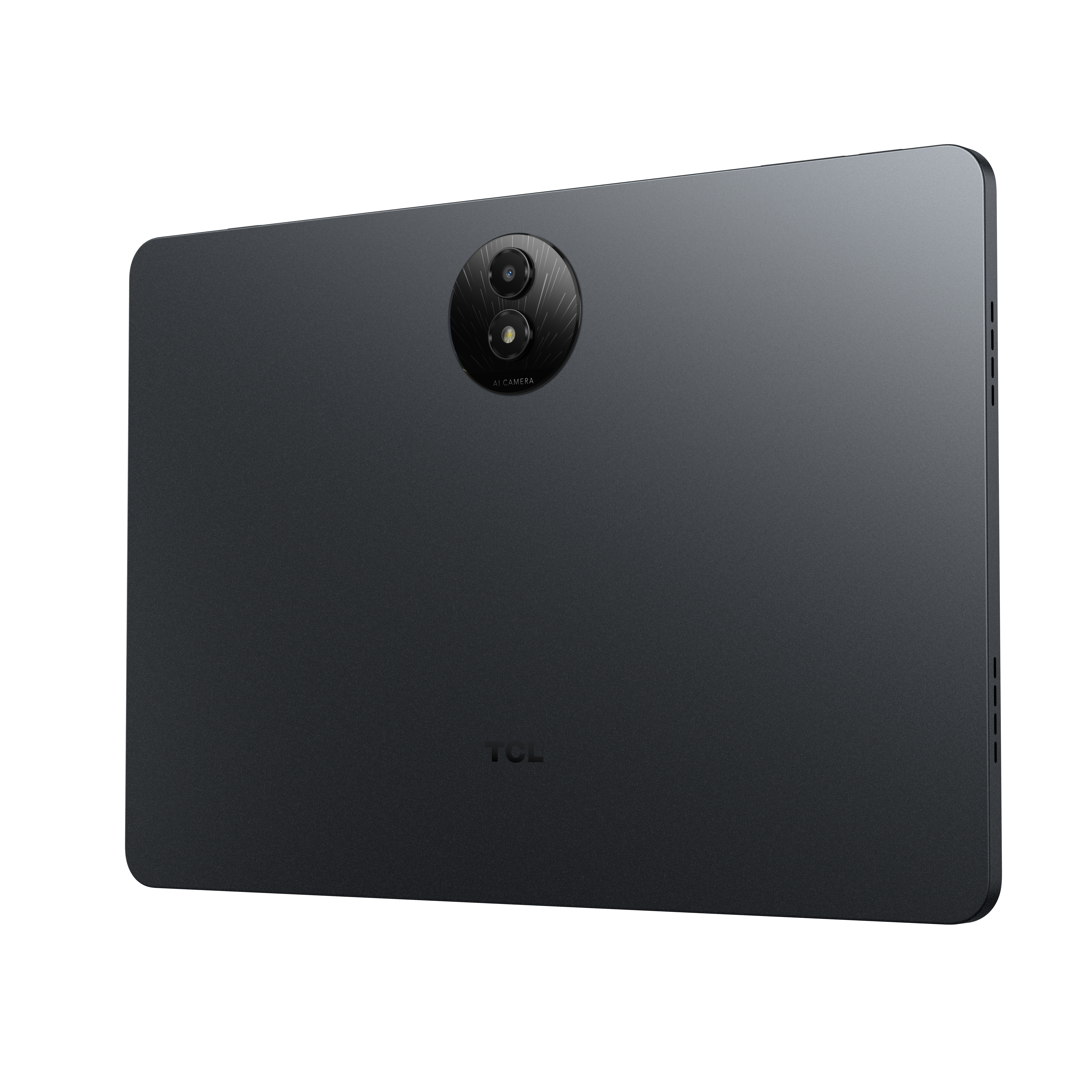Sötétszürke tablet lekerekített kameramodullal és TCL logóval. A tablet fehér háttér előtt látható.