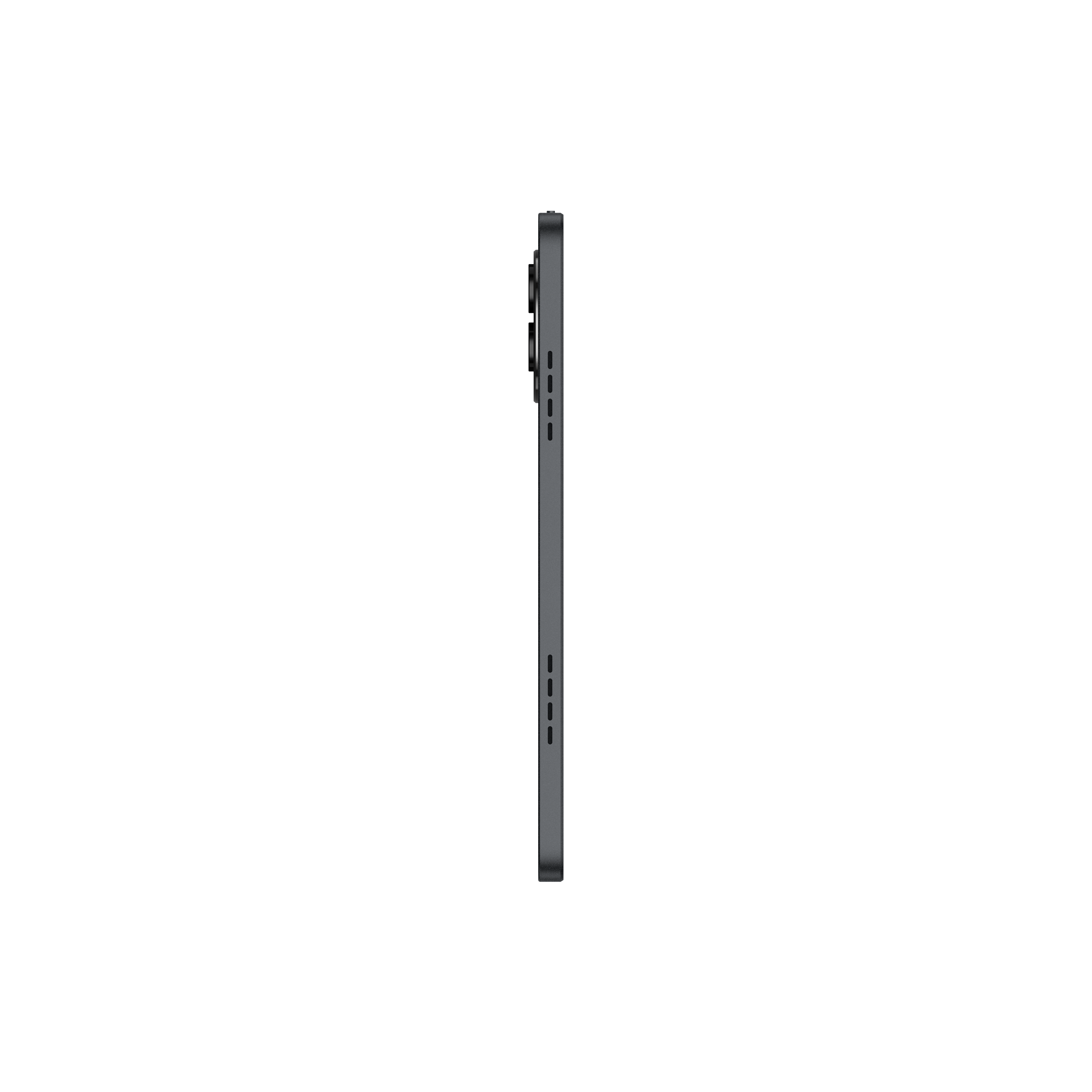 Egy szürke tablet oldalról fekete háttér előtt, gombokkal.