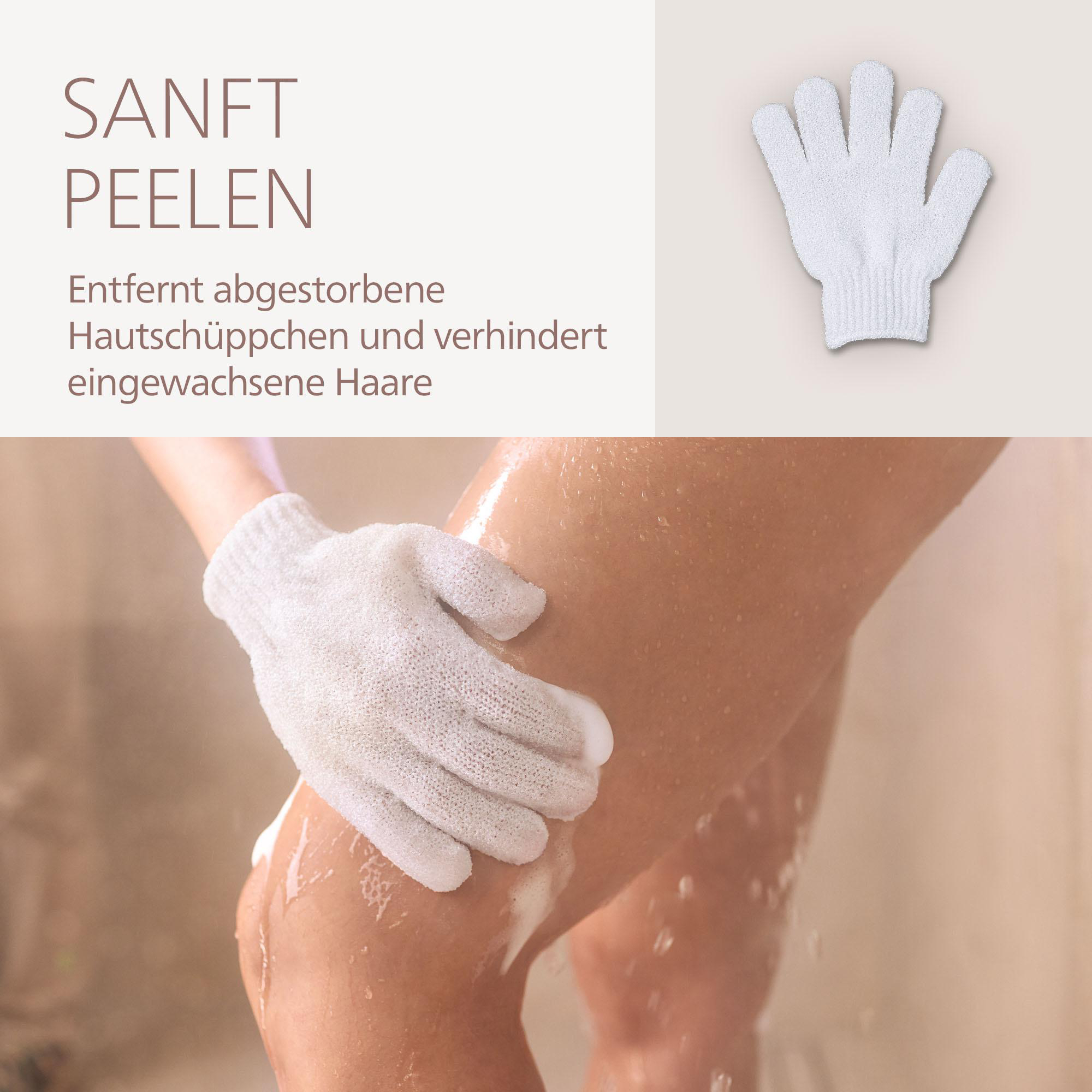 Eine Person benutzt einen weißen Peeling-Handschuh am Bein. Der Handschuh entfernt Schaum. Text: SANFT PEELEN.