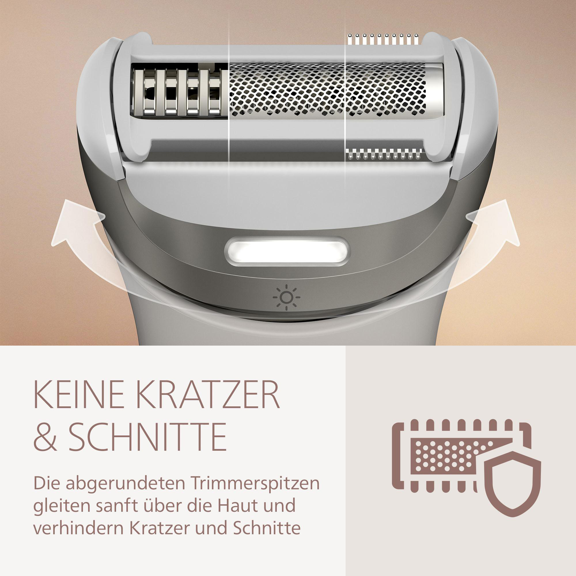 Nahaufnahme eines Rasiererkopfes. Es hat drei Abschnitte: einen Trimmer, eine Folie und einen weiteren Trimmer. Der Hintergrund ist beige.