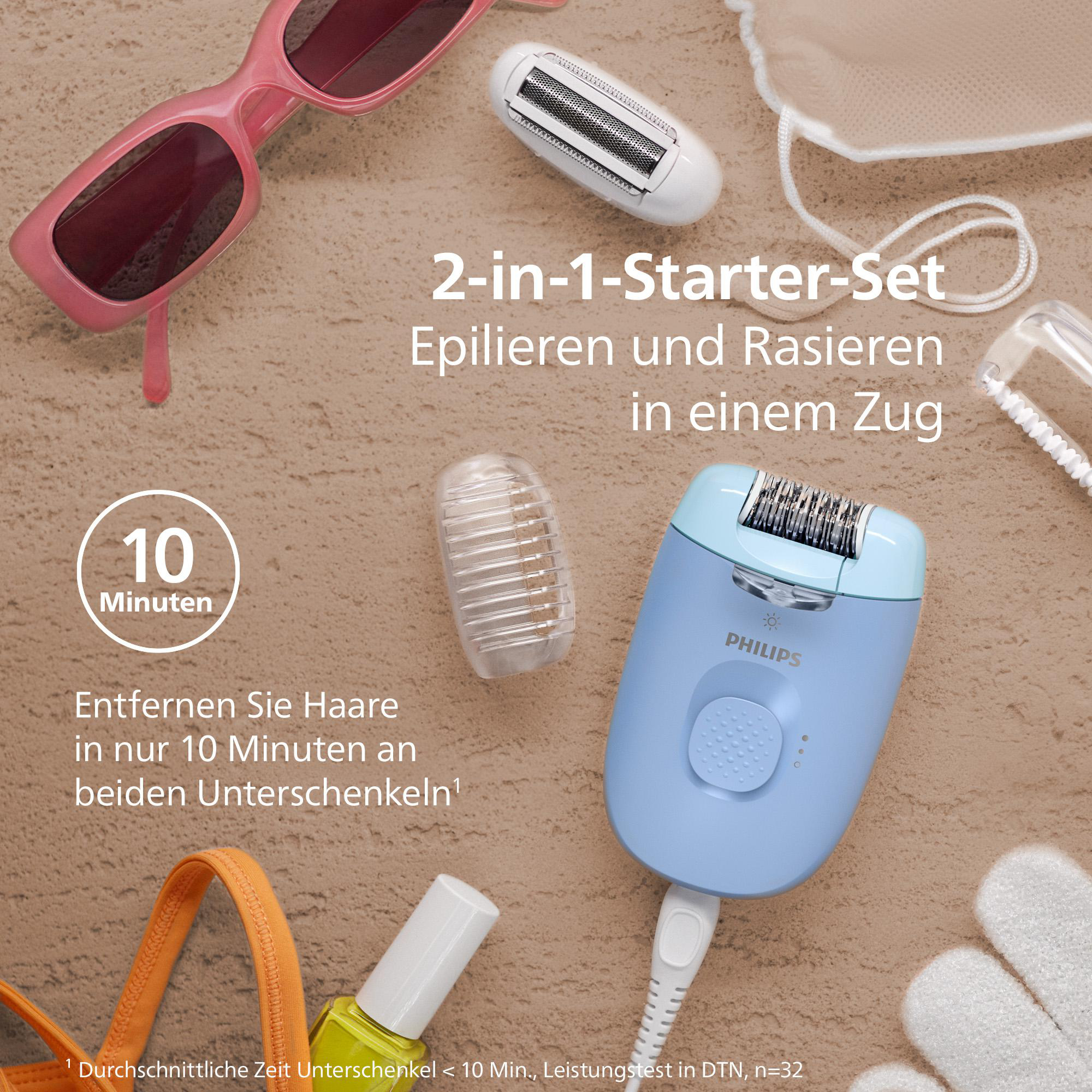 Ein Epilierer- und Rasiererset mit Zubehör. Sonnenbrille, Timer und Text befinden sich auf strukturierter Oberfläche.