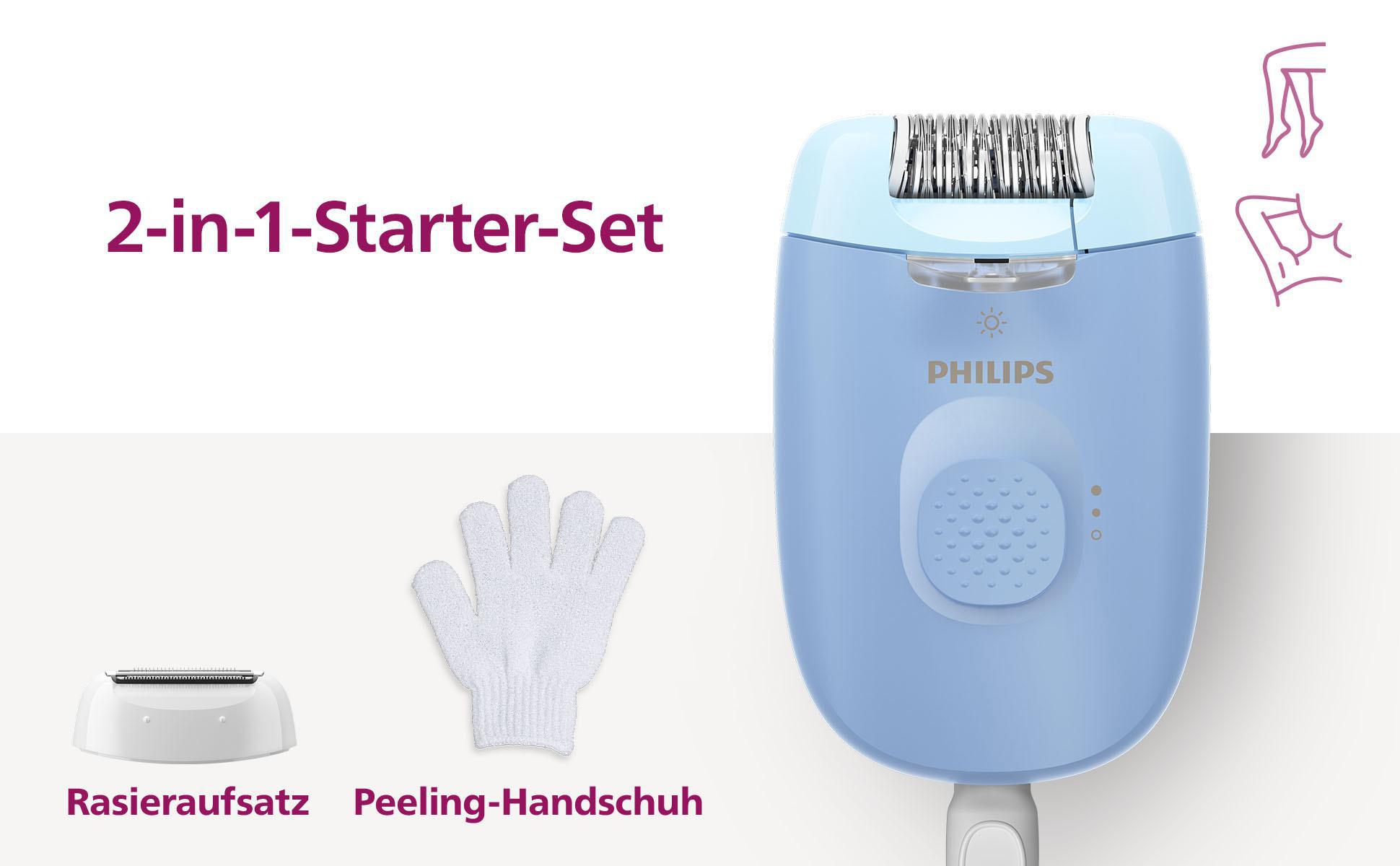 Ein blaues Philips Epilierer-Set mit Rasierkopf, Peeling-Handschuh und Text: 2-in-1-Starter-Set, Rasieraufsatz und Peeling-Handschuh.