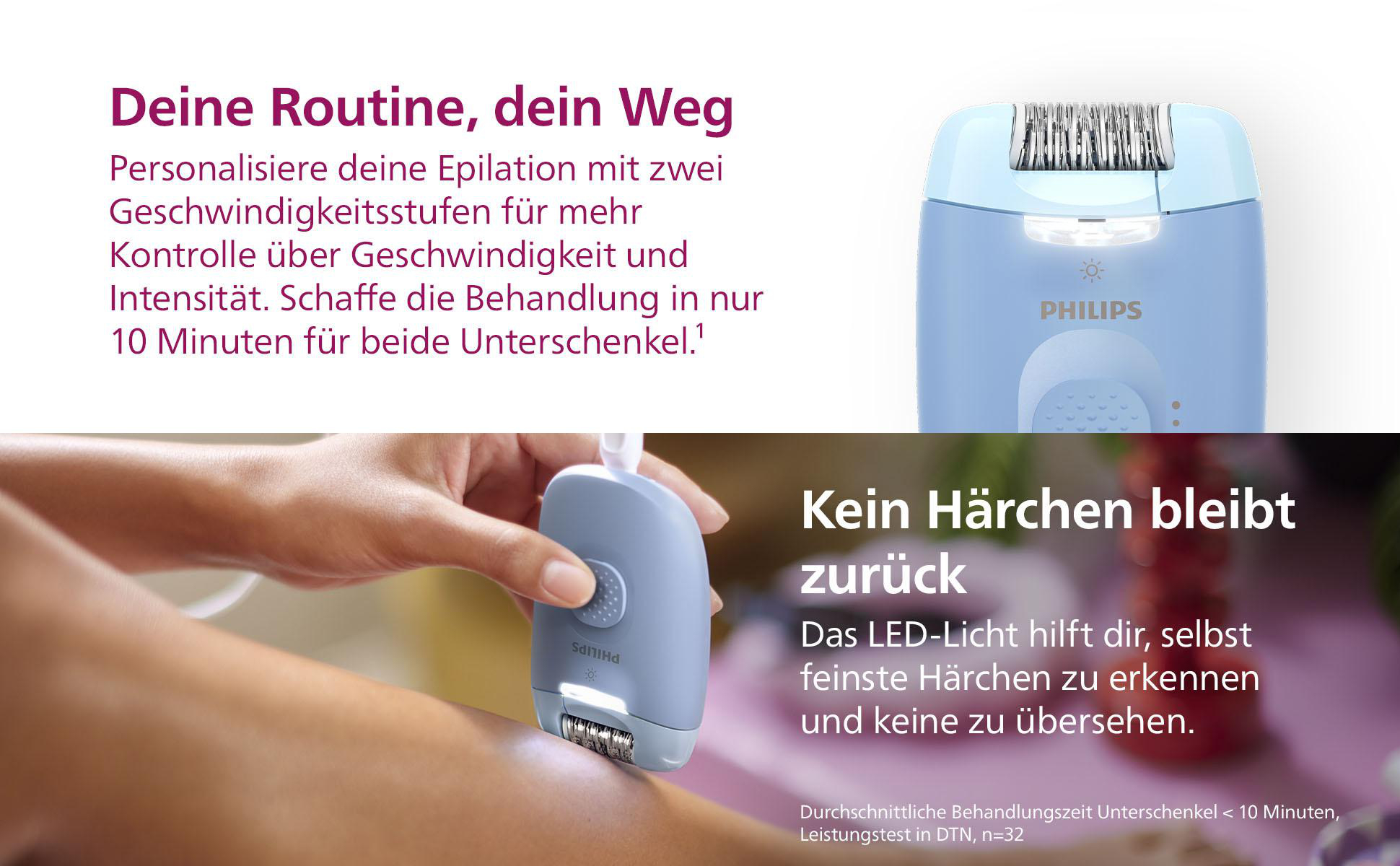 Eine Frau benutzt einen Philips Epilierer an ihrem Bein. Der Epilierer ist blau und weiß.