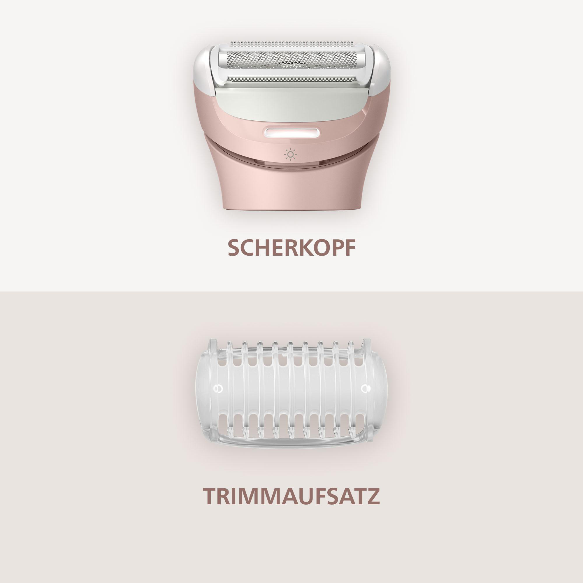 Das Bild zeigt einen roségoldenen Elektrorasiererkopf und einen transparenten Trimmaufsatz auf hellem Hintergrund.
