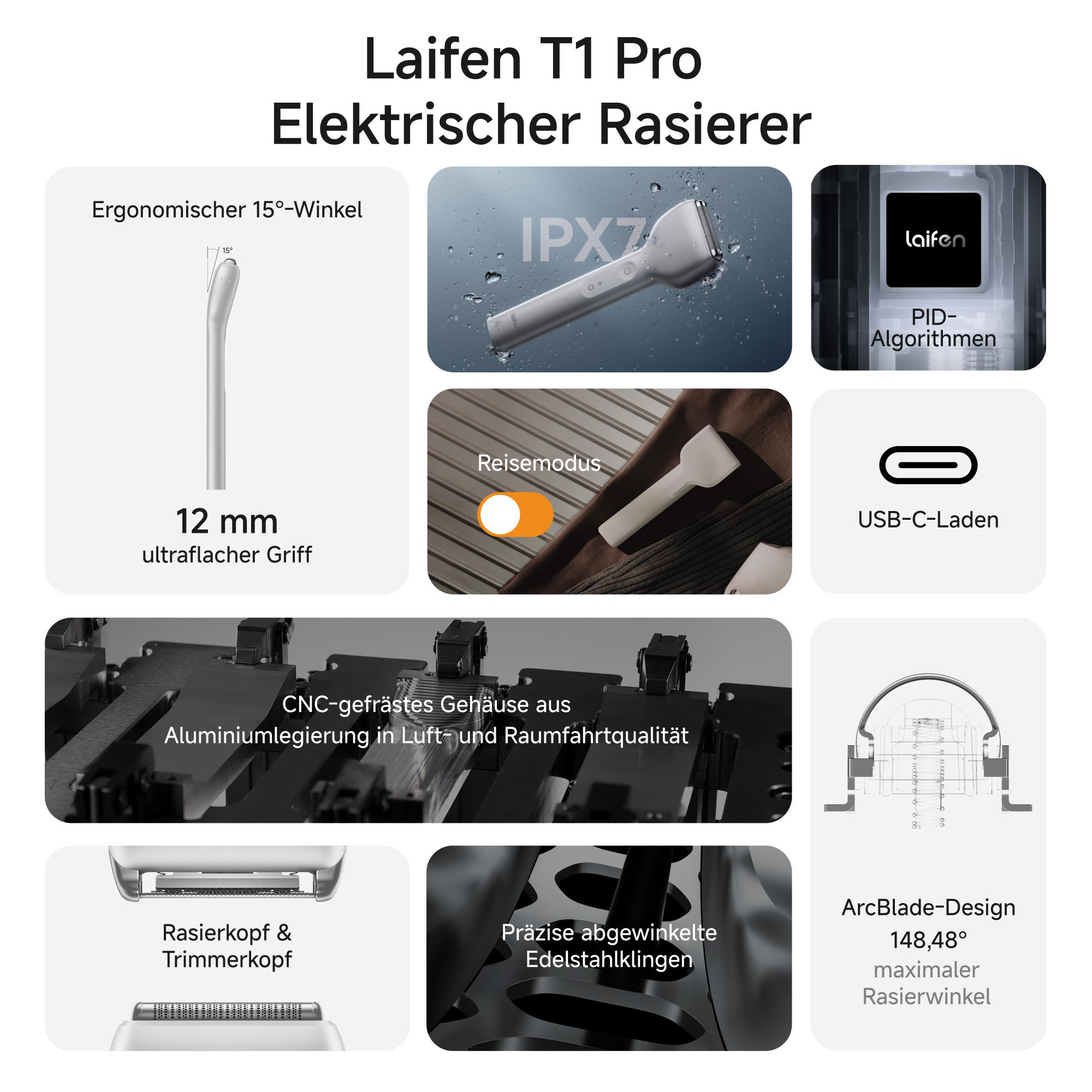 Ein elektrischer Rasierer mit verschiedenen Funktionen wie ergonomischem Design, Reisemodus, USB-C-Aufladung und ArcBlade-Design.