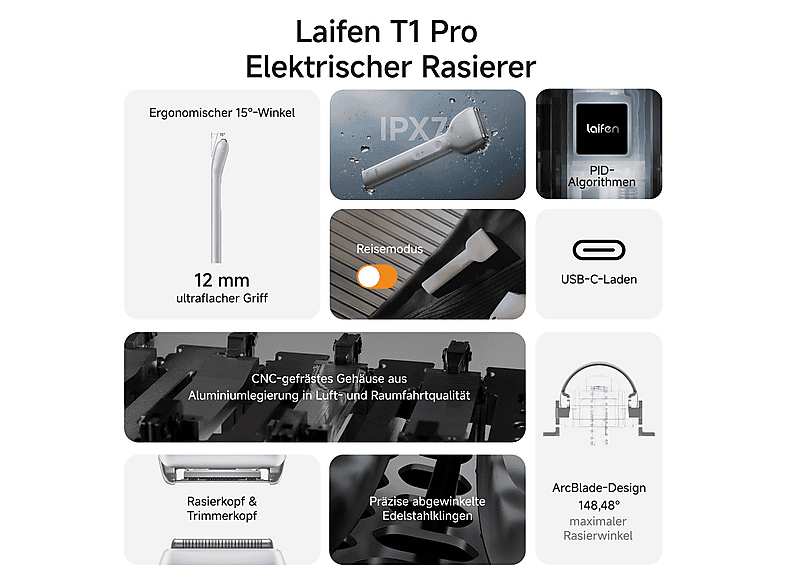 Laifen T1 Pro Nass- und Trockenrasierer (Akkubetrieb, Original Aluminum, 1-Klingensystem (Rasierer oder Trimmer)) — Foto 3 von 4