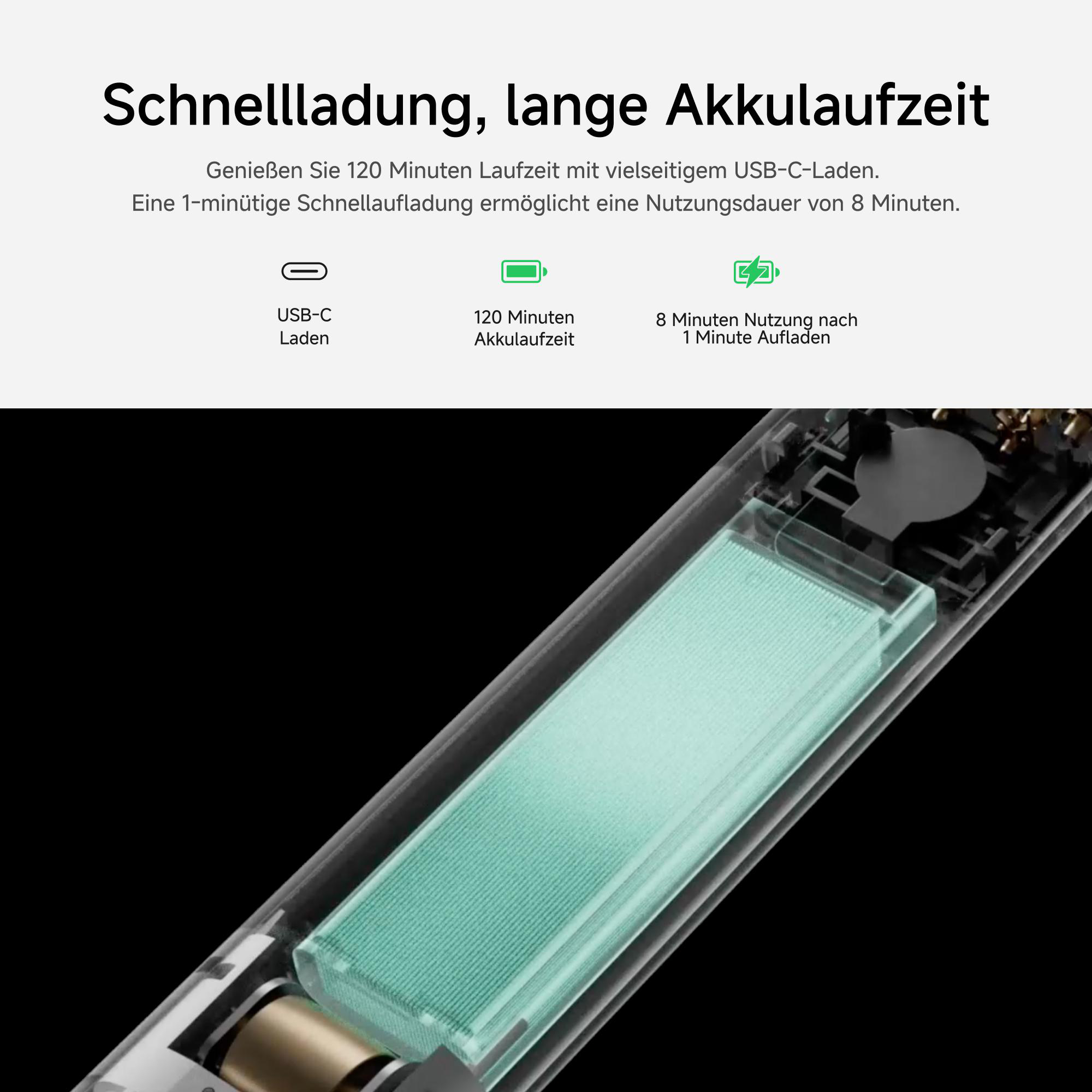 Das Bild zeigt die innere Struktur eines Geräts mit einem grünen Akku. Text hebt Schnellladen und Akkulaufzeit hervor.